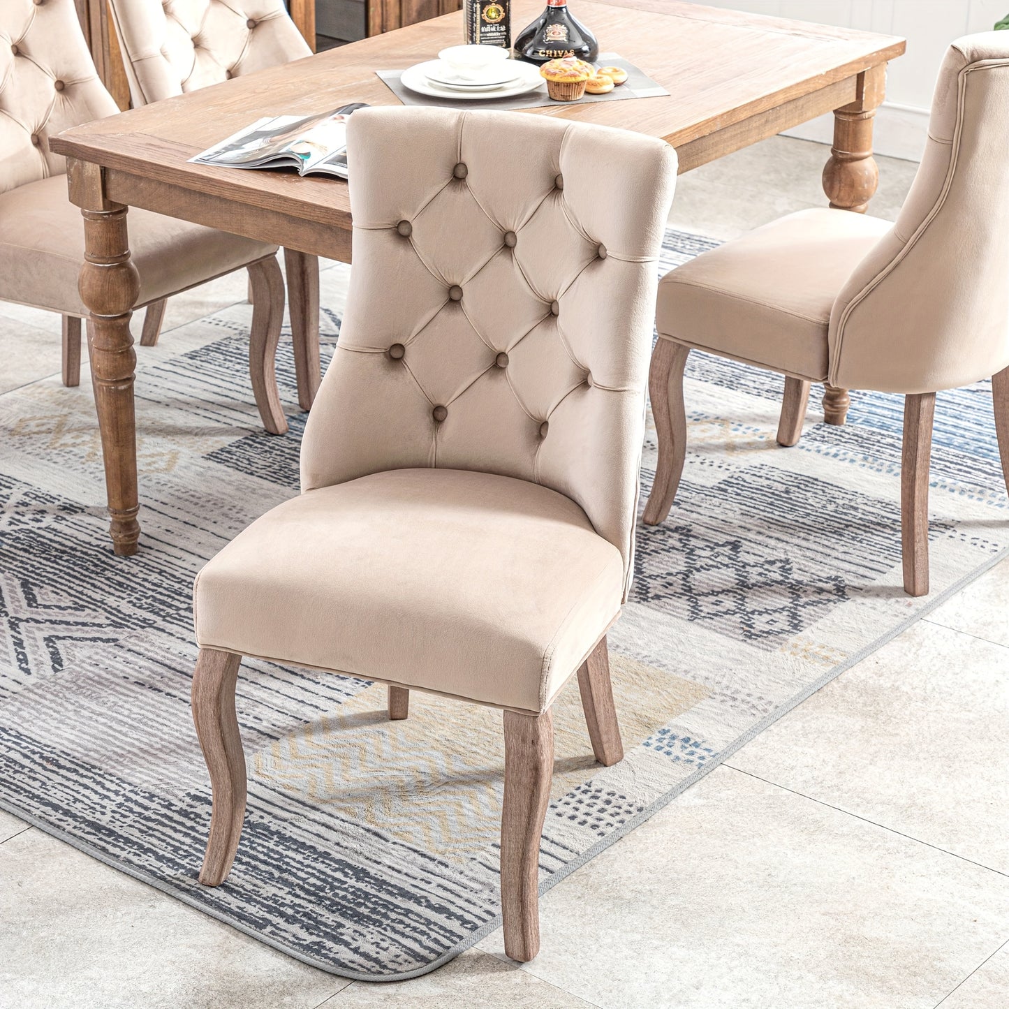 Eetkamerstoel – Stoel – Kuipstoel – Keukenstoel – Set Van 2 – Modern Design – Beige Katoen – Button-Tufted Rugleuning – Zacht Gewatteerde Zitting – Stevig Vierpoots Onderstel – Makkelijk Schoon Te Maken