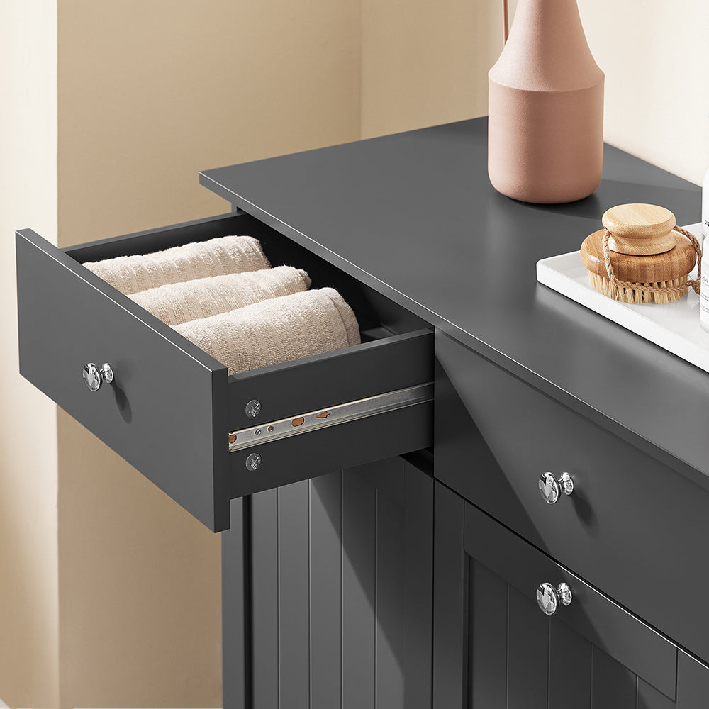 Badmeubel – Badkamerkast – Wasmand Meubel – Opbergkast – Waskast – Met Twee Lades – Twee Waszakken 45L – Scandinavisch Design – Compact Grijs Hout