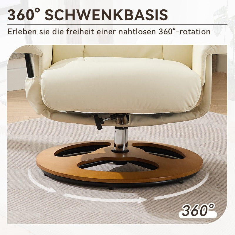 360° Swivel Recliner Chair with Massage & Heat - Heavy-Duty Metal Frame, PU Fabric White Modern Reclining Lounge Chair with Ottoman Footrest, Manual Operation, No Assembly Required, Easy-Clean Surface for Living Room, Home T