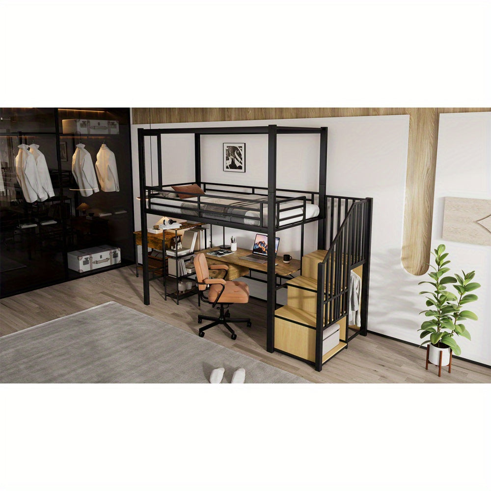 Hoogslaper – Stalen Bed – Met Trap – Opberglade – Kinderbed – IJzer & MDF – Acryl Raampaneel Met Magneet – Ruimtebesparend Design