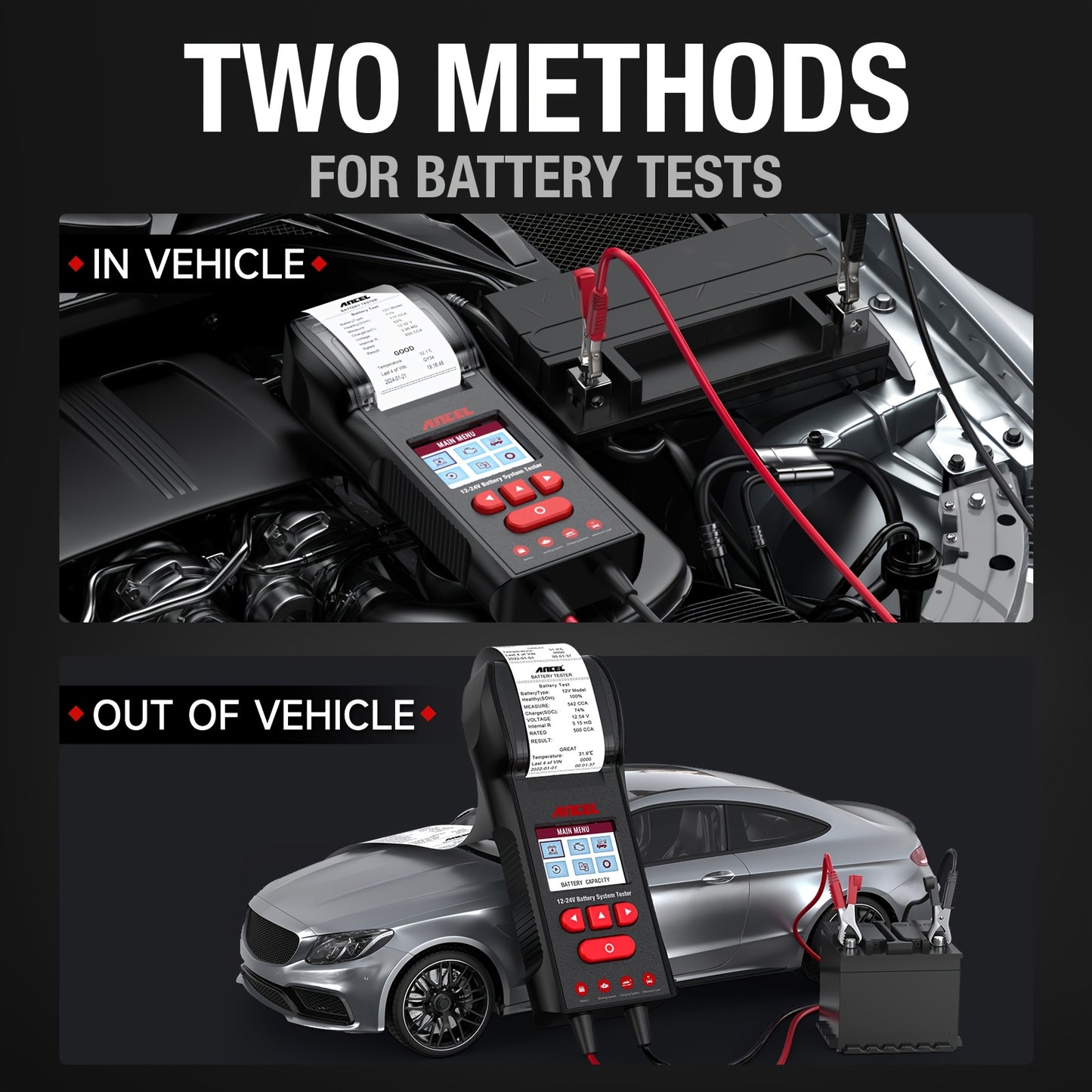 Batterijtester – Accutester – Accutestapparaat – Auto Accumeter – Accu Diagnose – 12V en 24V Batterijen – Ingebouwde Printer voor Directe Afdrukken
