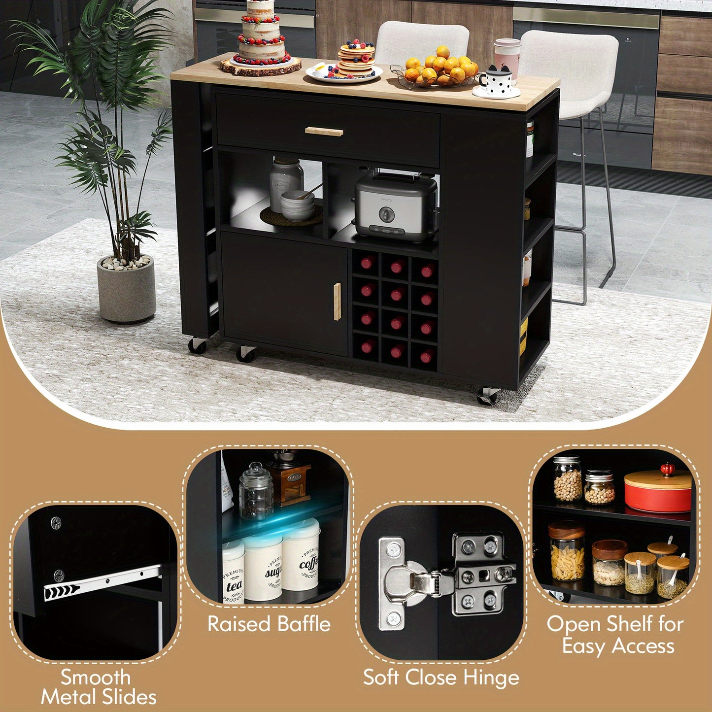 Keukenwagen – Keukeneiland – Serveerwagen – Opbergkast – Bartafel – Mobiel Met Vergrendelbare Wielen – 2-in-1 Draaibaar Werkblad – MDF En Rubberwood Uitvoering – Wit