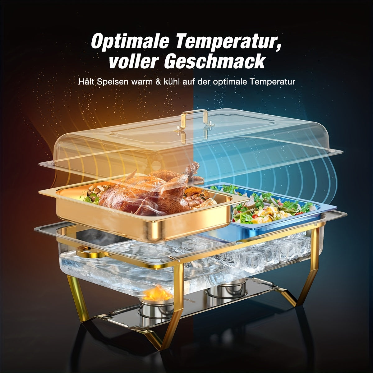 Buffetwarmer – Chafing Dish – Warmhoudbak – Voedselwarmer – Cateringpan – RVS Goudkleurig – Inklapbaar Frame – Voedselveilig 9L Set (2 stuks)