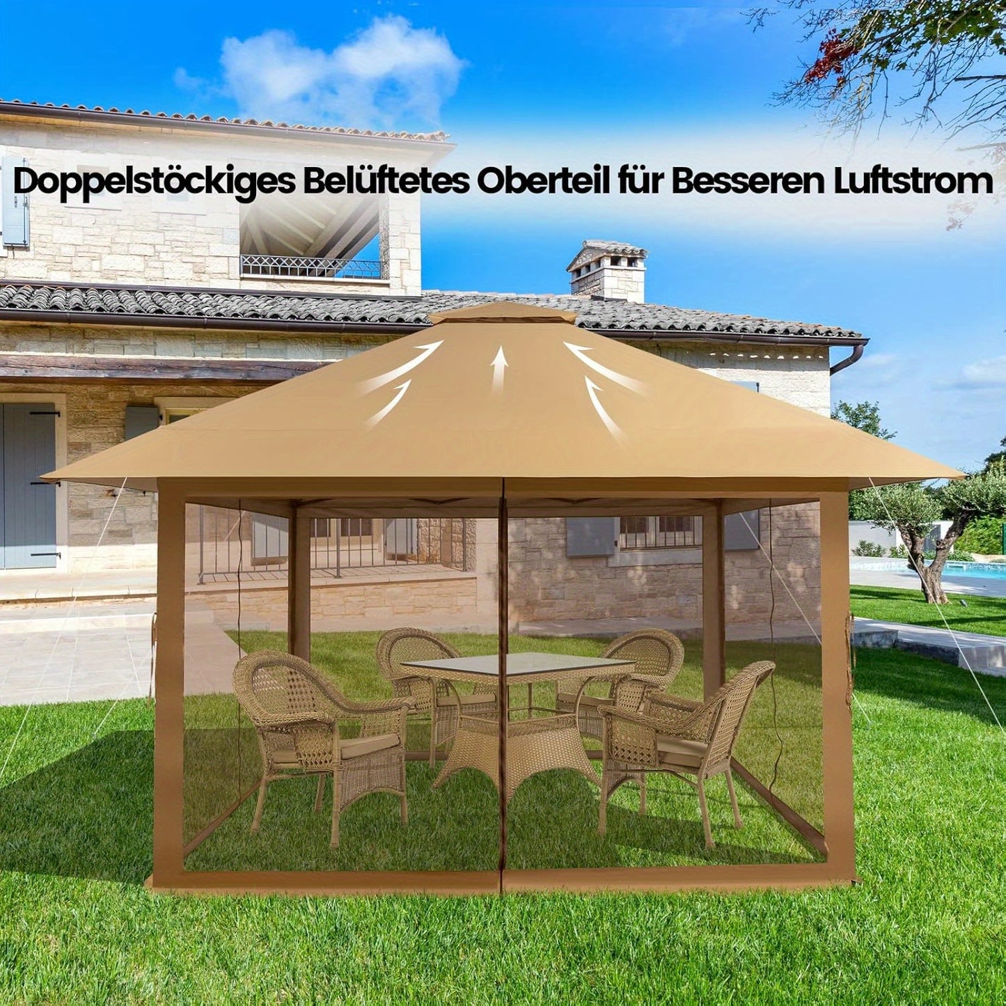 Partytent – Gazebo – Tuinpaviljoen – Feesttent – Tuintent – 400x400 cm – Verstelbare Hoogte & Dubbel Geventileerd Dak