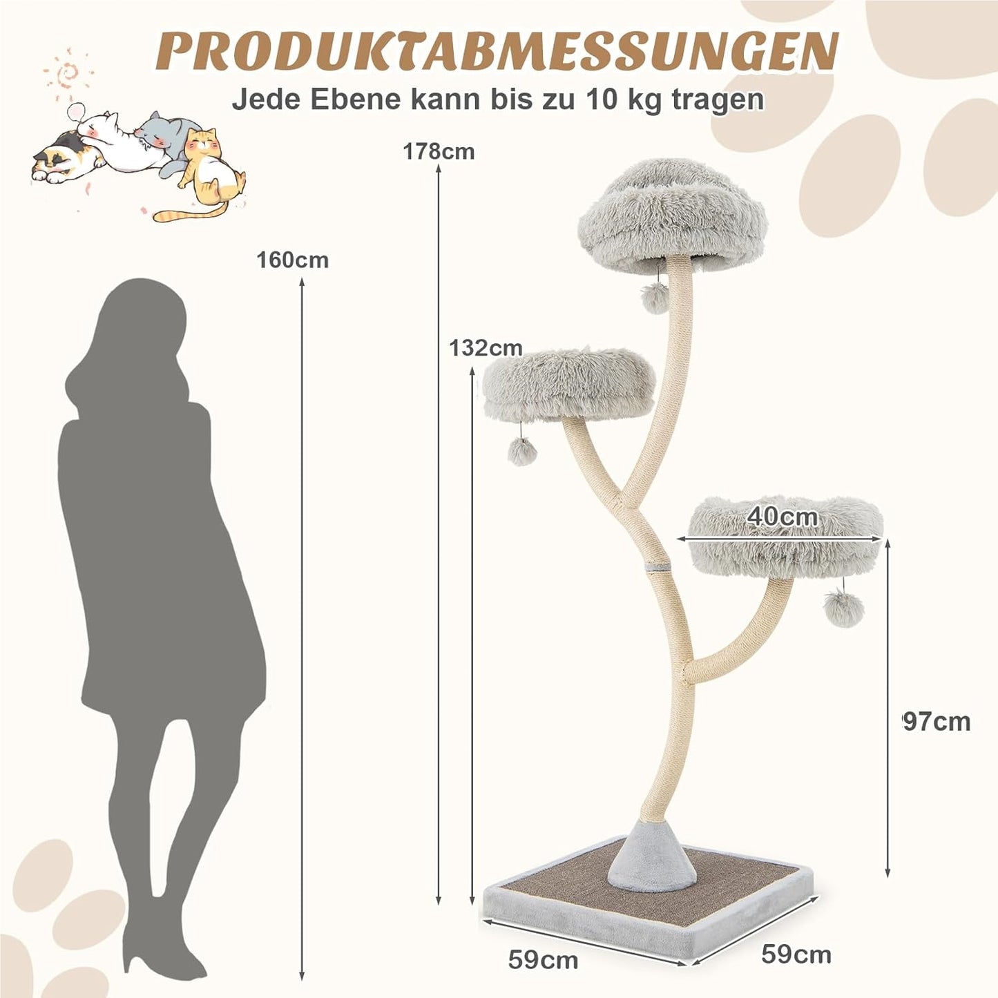 Kattenboom – Krabpaal – Kattenhuis – Kattenmeubel – Kattentoren – Metalen Frame – 4 Zachte Ligplaatsen – Sisal Krabpalen – 178 cm Hoog – Stabiele Basis – Grijs