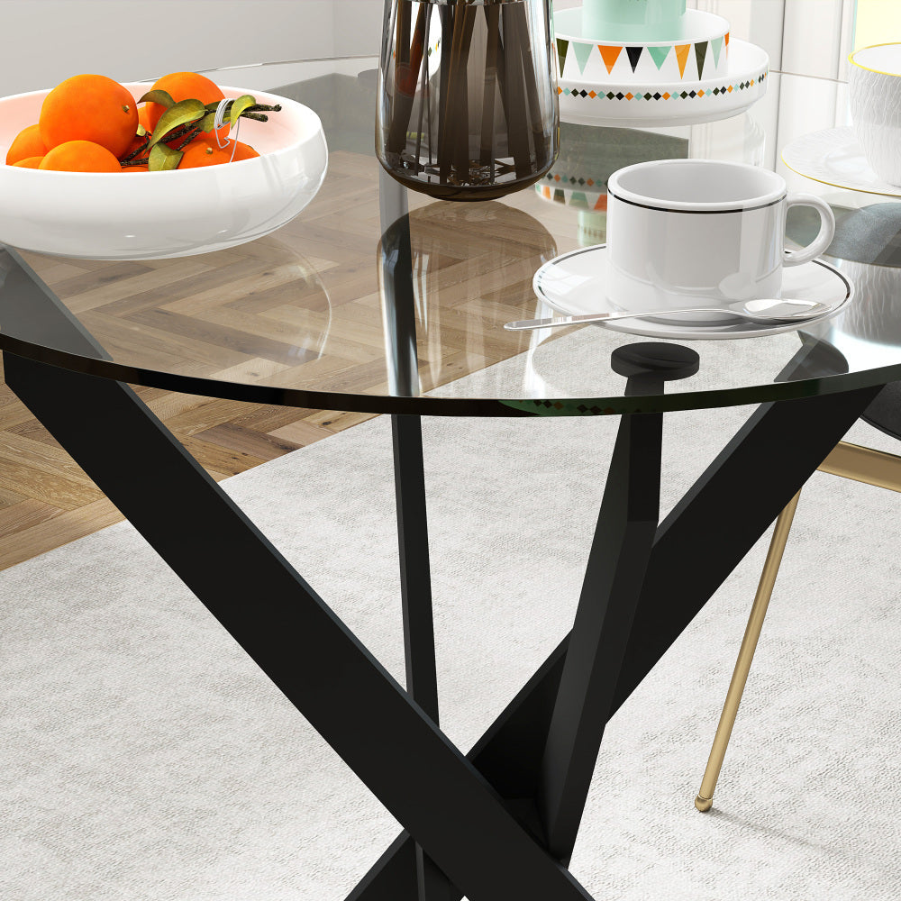 Eettafel – Ronde Tafel – Keukentafel – Diner tafel – Glas Tafel – 70x75 cm – Gehard Glas Blad – Zwart Metalen Poten
