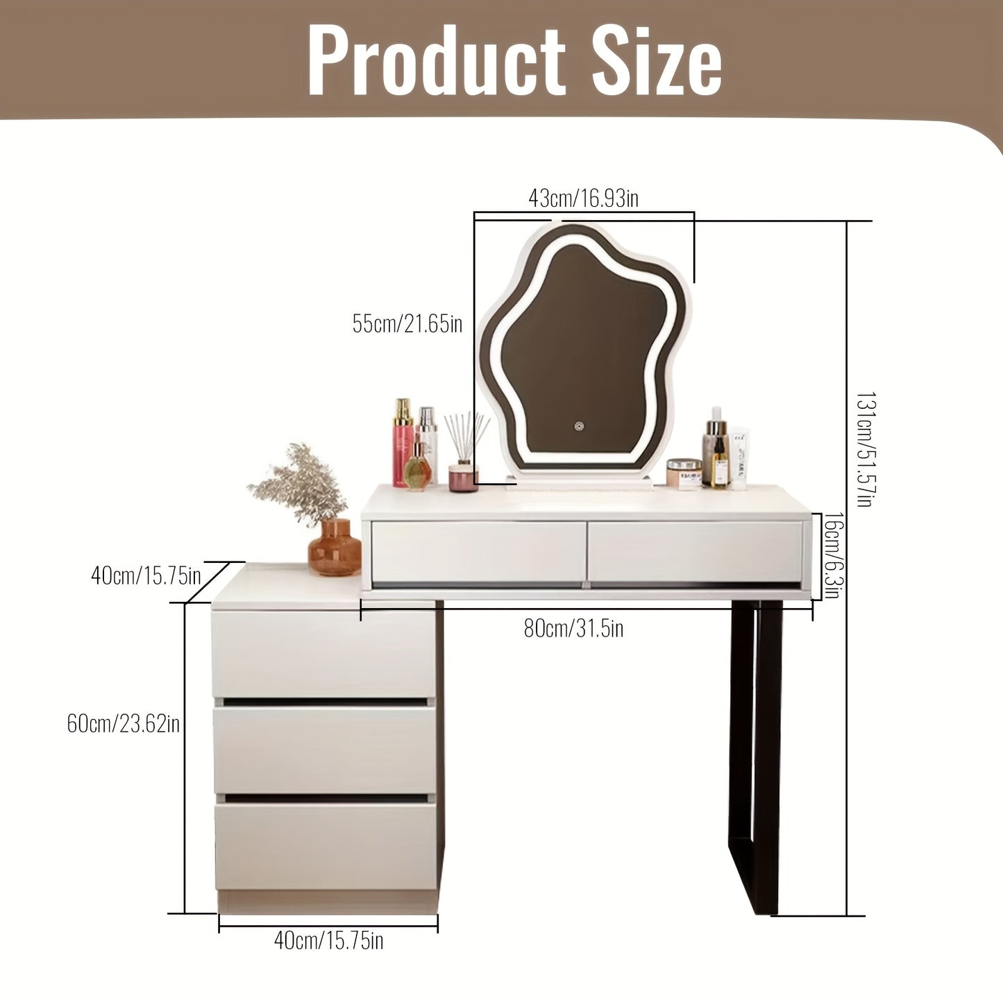 Makeuptafel – Kaptafel – Make-up Tafel – Schminktisch – Cosmetica Tafel – 5 Lades – MDF Met Metaal – Modern Wit Met Spiegel – Compact & Ruim Opbergmeubel – 69 cm Hoog - QUORE
