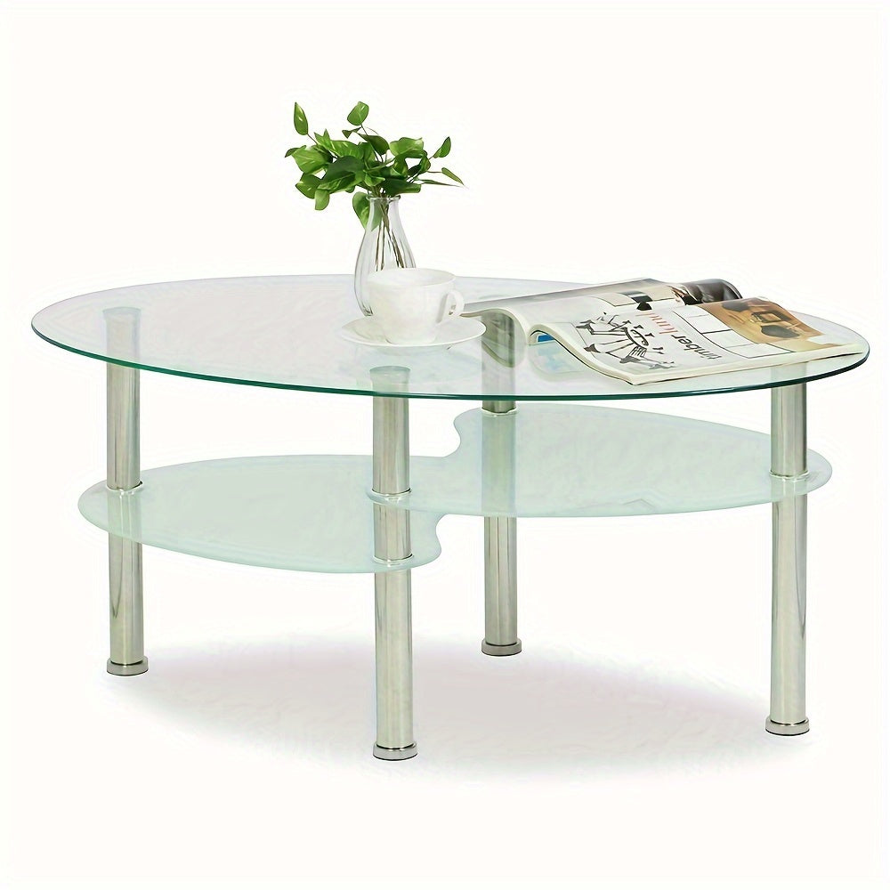 Salontafel – Koffietafel – Bijzettafel – Woonkamertafel – Tafel – Modern – Gehard Glas – Ovaal – Met Metalen Poten – 2 Opbergniveaus – 90x50x43 cm