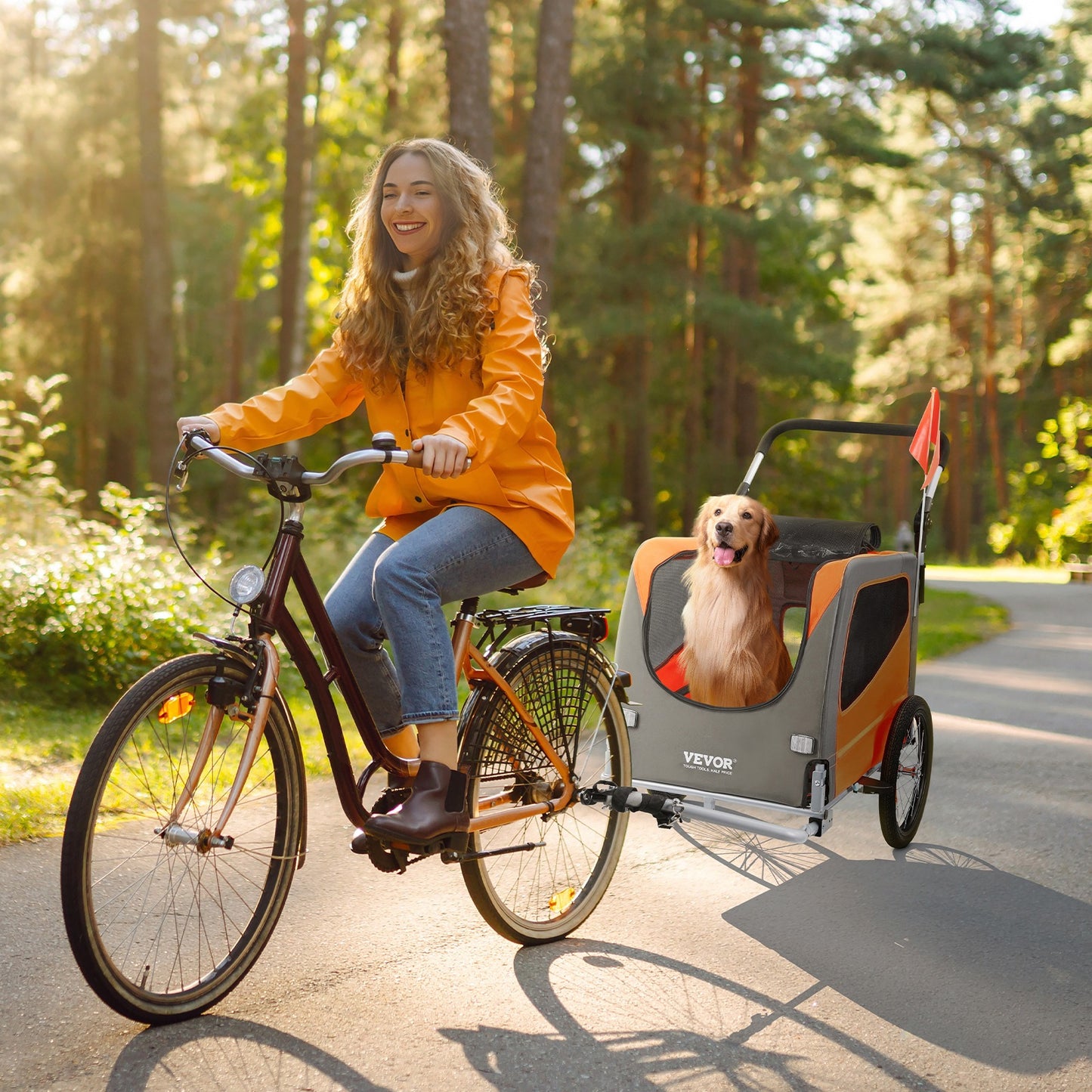 fietskar hond – hondenfietskar – hondenaanhanger – hondenbuggy – hondenkar – Opvouwbaar Frame – Draagvermogen 30 kg – Universele Koppeling – Reflectoren – Oranje/Grijs