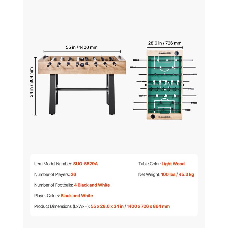 1 Size Foosball Table | 1400 x 726 x 864 mm, Durable Wood, Includes 4 Balls & Score Counter, 2 Drink Holders, Freestanding for Home and Family Use