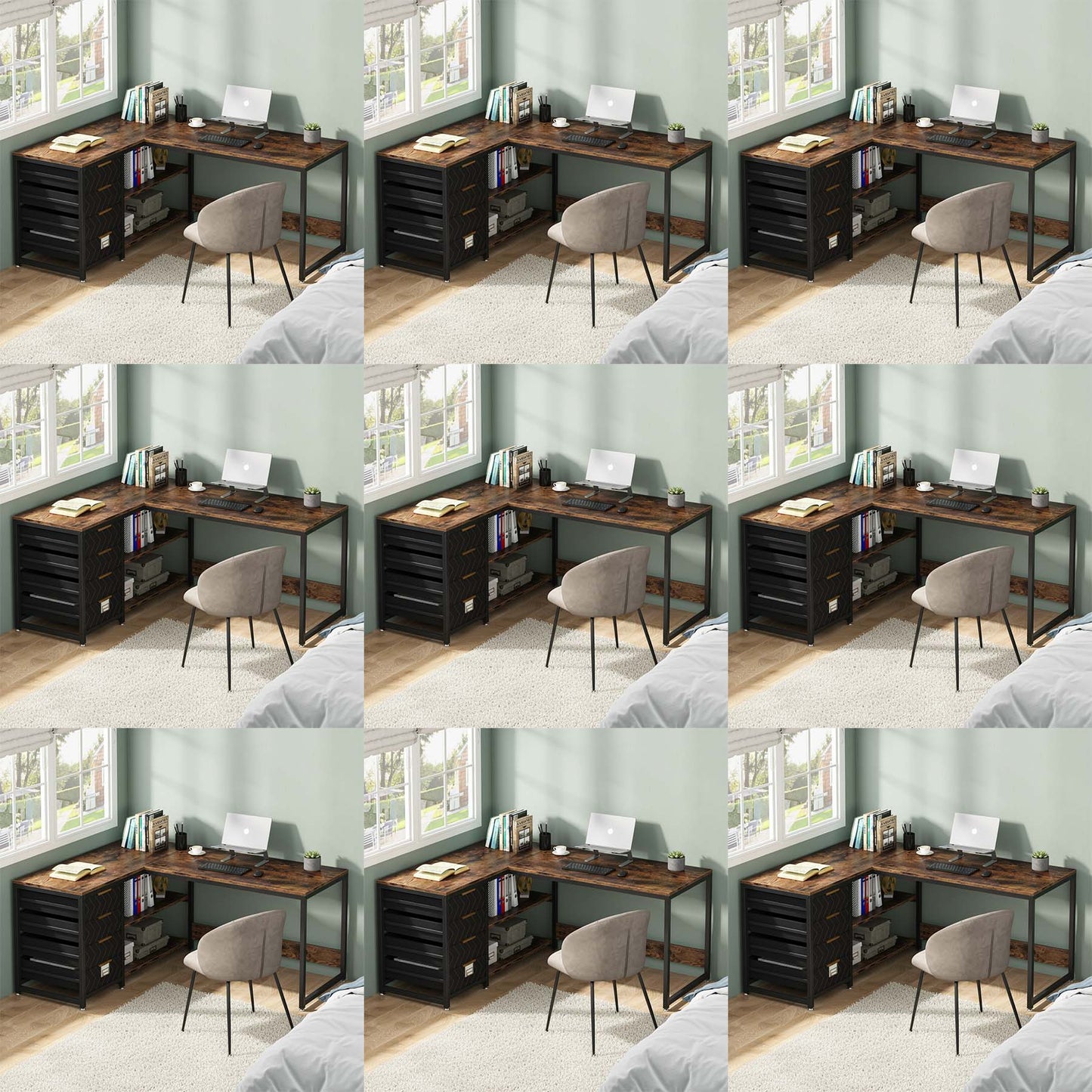 Groot L-vormig Bureau – Hoekbureau – Computertafel – Werkplek – Bureau met Opberglades – Stevig Fiberboard – Wisselbare Hoekopstelling – Bruin Modern Design