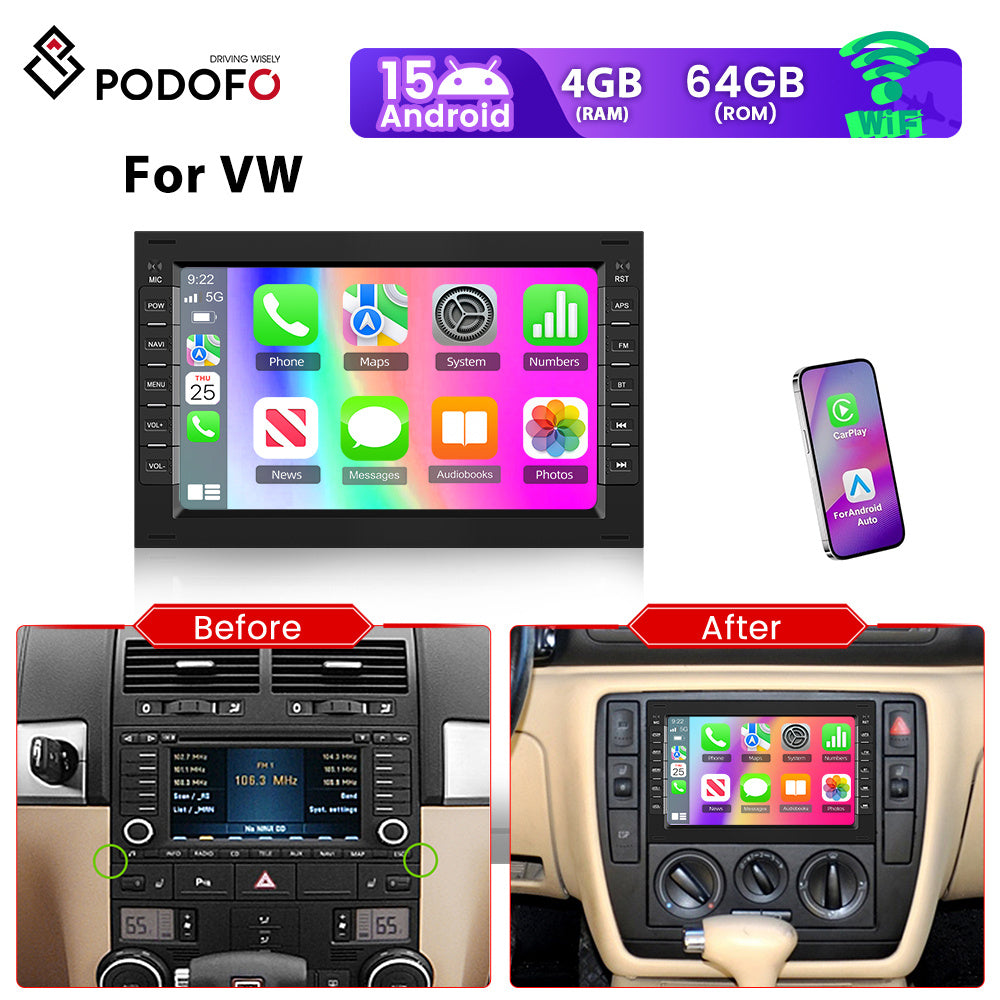 7-Inch Android Autoradio – Multimedia Systeem – Carplay Radio – Navigatie Radio – Touchscreen Autoradio – Android 15 OS – 4GB RAM + 64GB Opslag – Wireless CarPlay & Android Auto