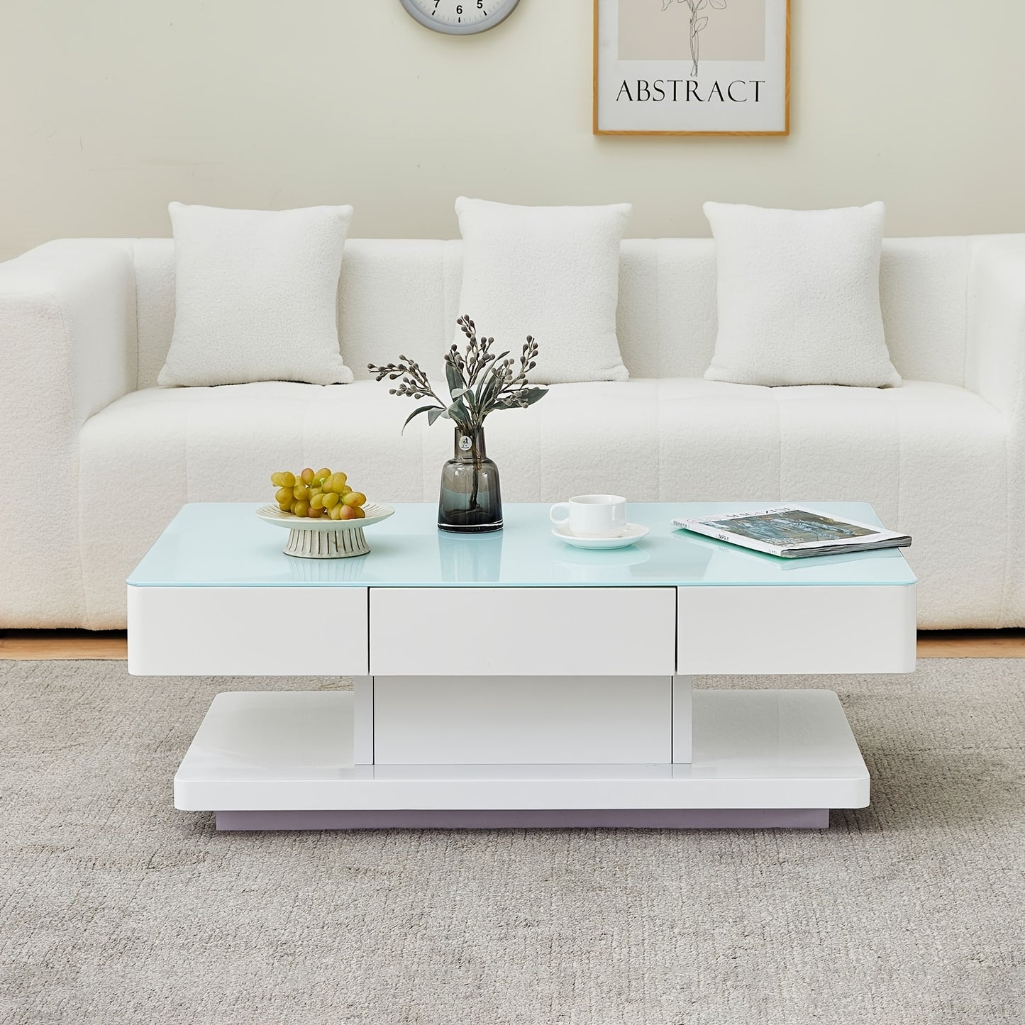 Salontafel – Koffietafel – Tafel – Woonkamertafel – Bijzettafel – Hoogglans Wit – 8 mm Gehard Glas – 2 Opberglades