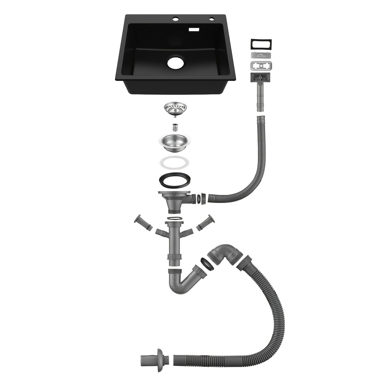 Keukenbak Kwartssteen – Gootsteen – Spoelbak – Keukenspoelbak – Enkele Kom – Zwart – 55x45 cm – Krasvast & Hittebestendig – Overloop & Afvoersysteem