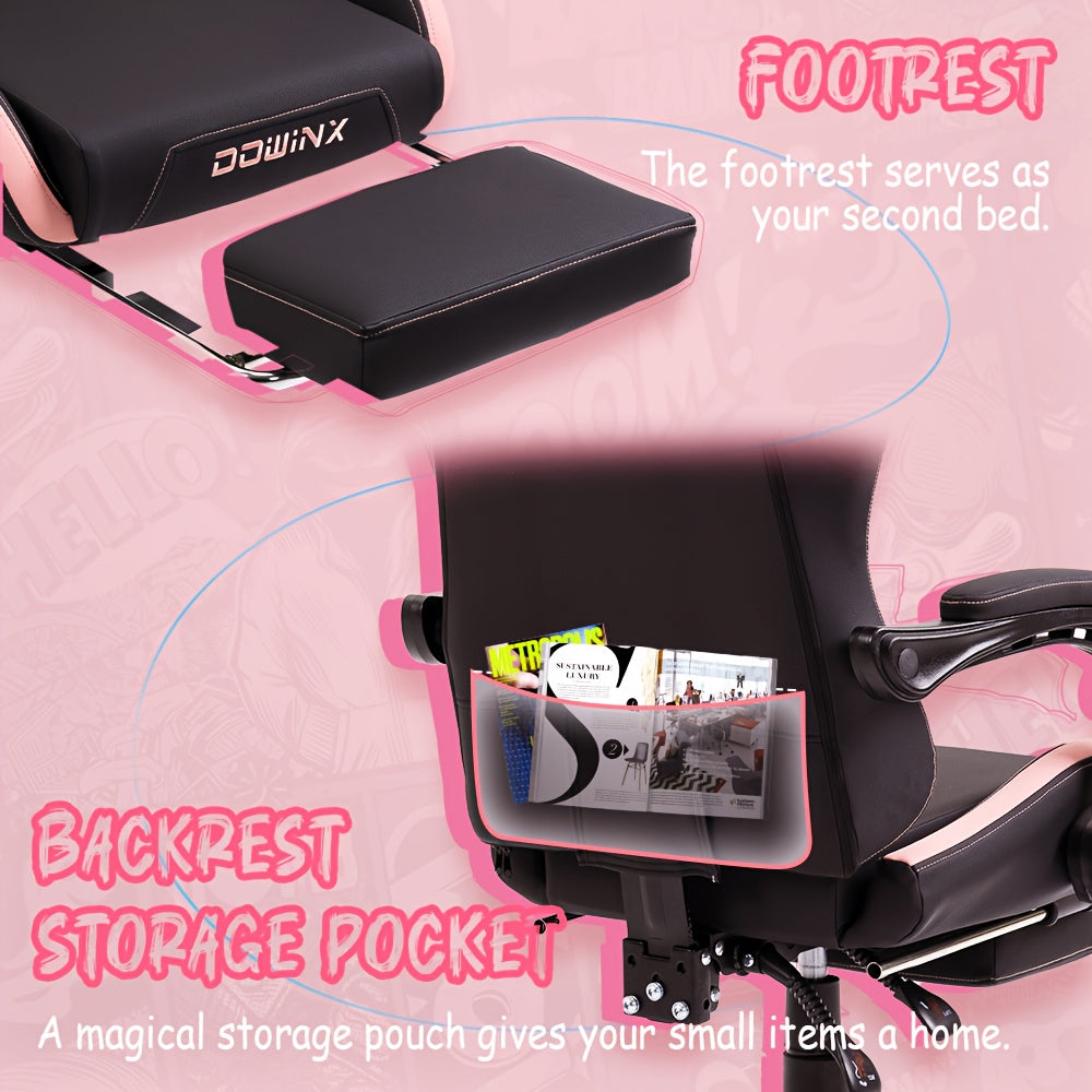 Ergonomic Pink Office Chair with Adjustable Height, Headrest & Lumbar Support - Cute Doll Design, 360° Swivel Base, 5-Point Adjustable Armrests, 5-Point Adjustable Footrest, 5-Point Adjustable Backrest, 5-Point Adjustable Se