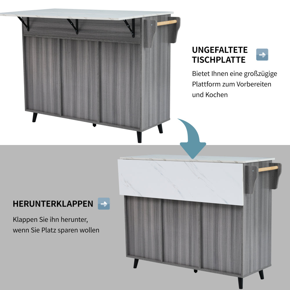 Keukentrolley – Keukenwagen – Keukenkast – Serveerwagen – Opbergtrolley – Inklapbaar Tafelblad – 5 Wieltjes Mobiliteit – Ruimtebesparend Design – Duurzaam Niet-Houten Materiaal – Khaki Grijs met Gouden Poten
