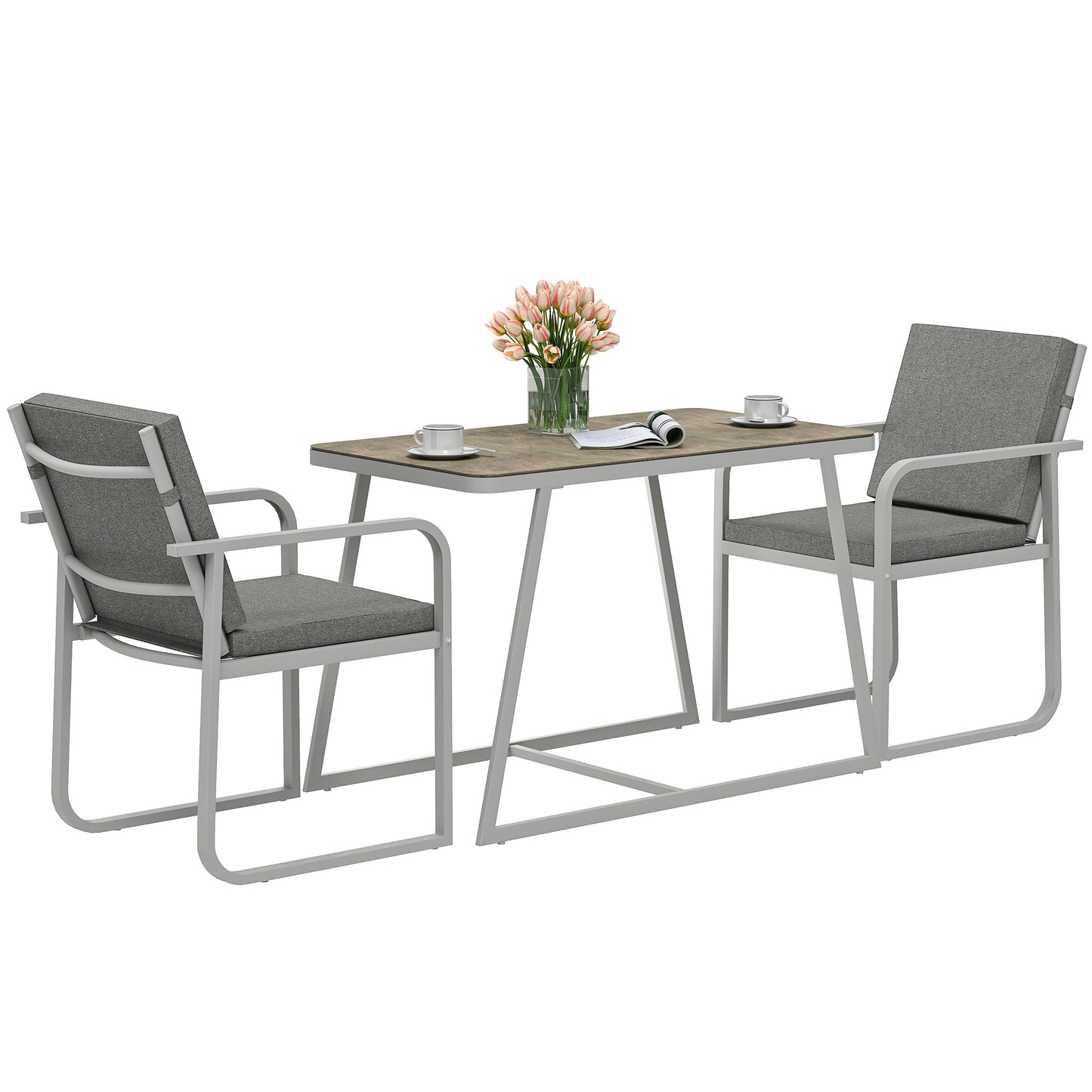 Tuinset – Tuinmeubelset – Bistroset – Balkonset – Loungeset – 2-Persoons Met Wasbare Kussens – Gepoedercoat Staal Frame 108x60x72 cm – Grijs