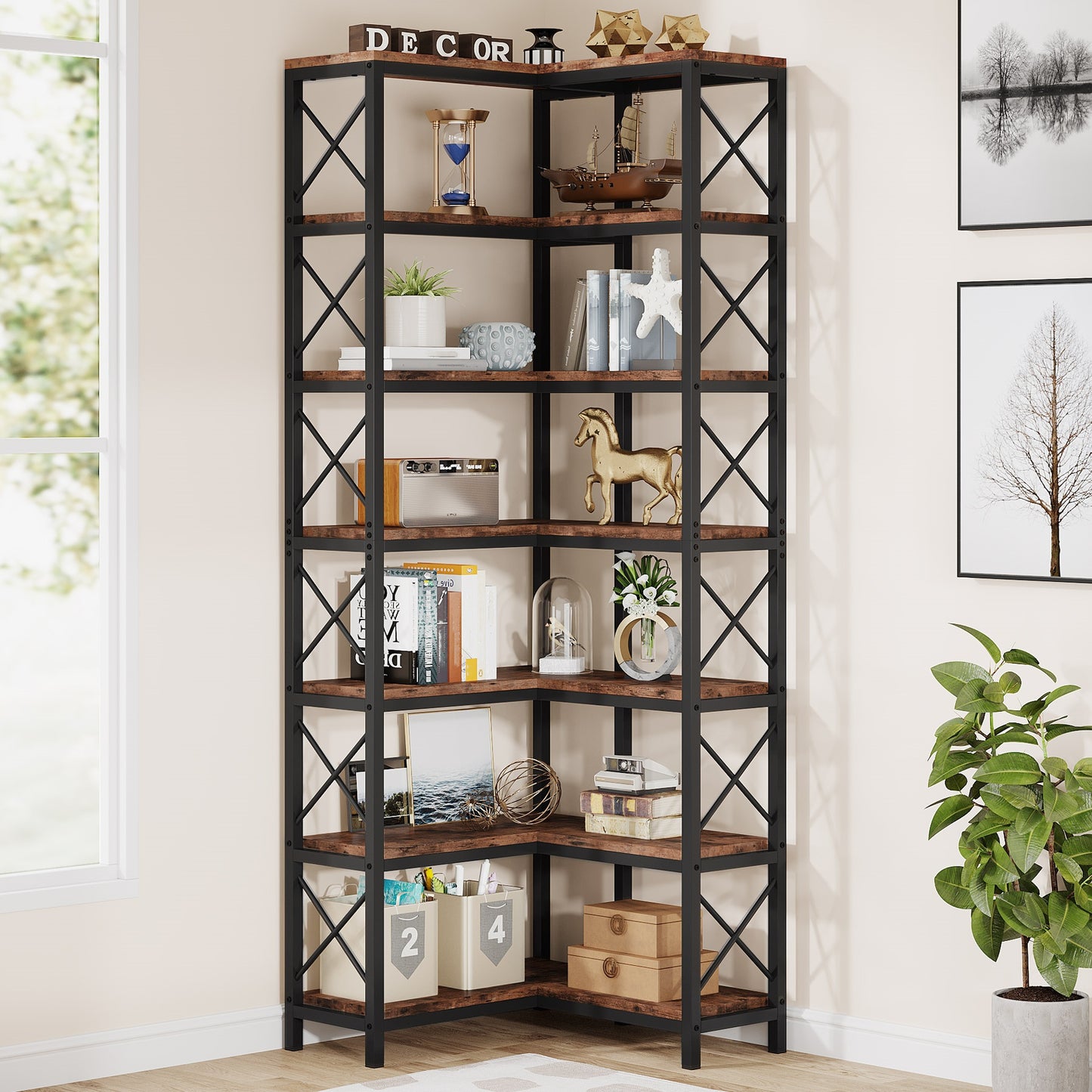 Hoekboekenplank – Hoekboekenkast – Plankenkast – Opbergrek – Vloerkast – Industrieel Design – 7 Legplanken – Metaal en Hout Vintage Bruin