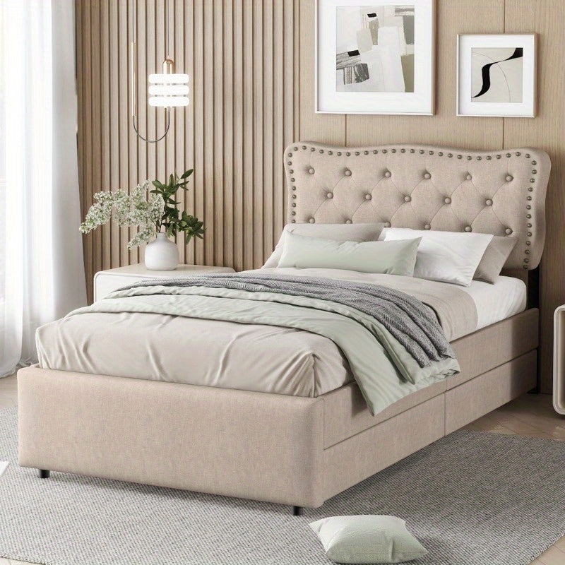 Gestoffeerd Bed – Boxspringbed – Slaapbank – Bedframe – Ledikant – 90x200 cm – Padded Hoofdbord Met Decoratieve Spijkers – Moderne Opberglades Donker Beige