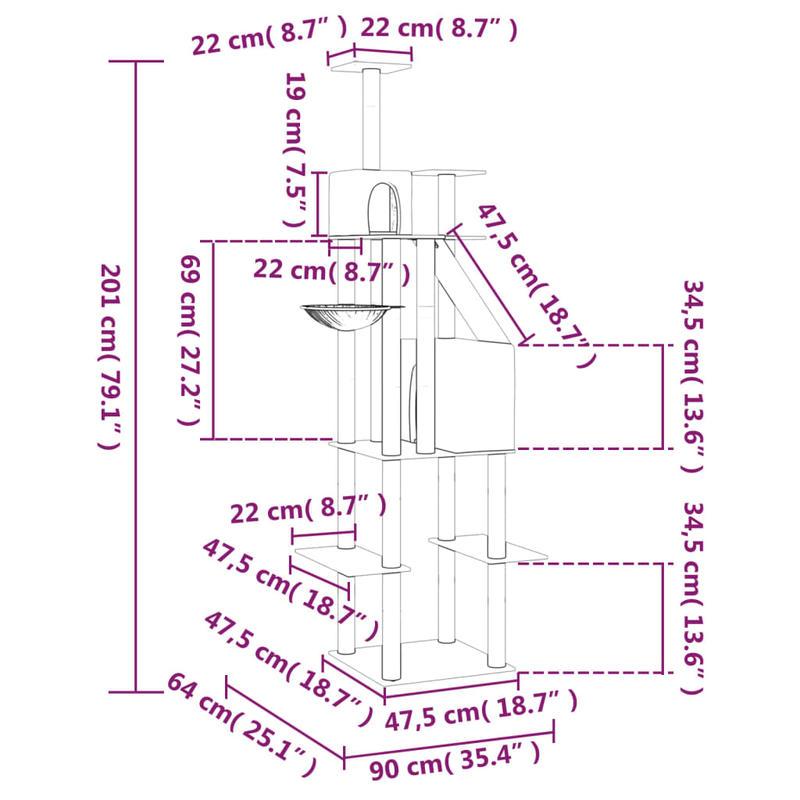 Kattenklimrek – Krabpaal – Krabton – Kattenboom – Klimpaal – Grijs – Stevig Multiplex – 201 cm Hoog