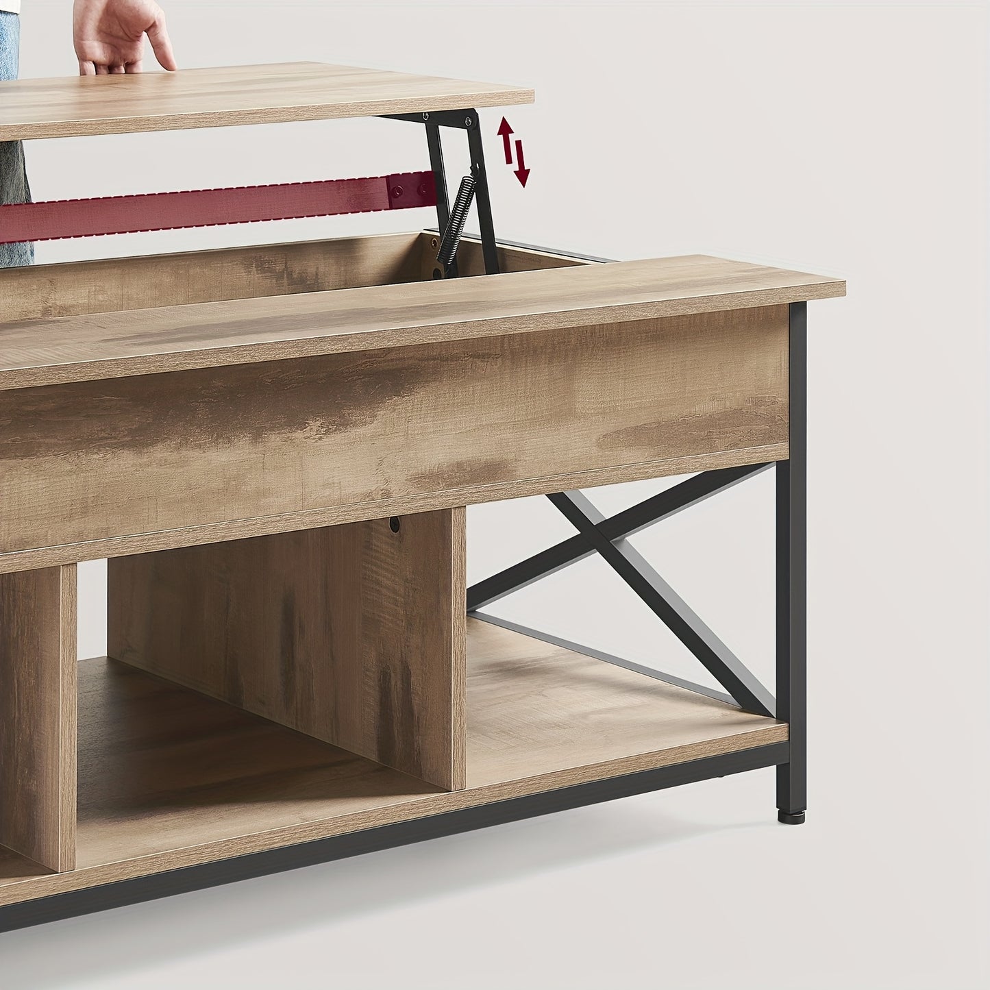 Salontafel – Koffietafel – Tafel – Lounge Tafel – Bijzettafel – Verstelbaar Lift-Top Blad – Opbergvak Met X-Vormige Poten – Donkerbruin Kunsthout – 60x120x48-62 cm