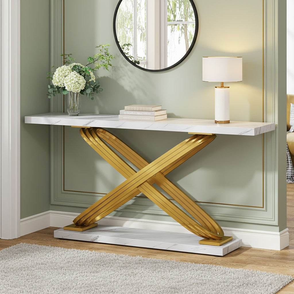 Sidetable – Consoletafel – Wandtafel – Haltafel – Bijzettafel – Smal Rechthoekig Ontwerp – Faux Marmeren Gouden Blad – Robuust Massief Houten Frame