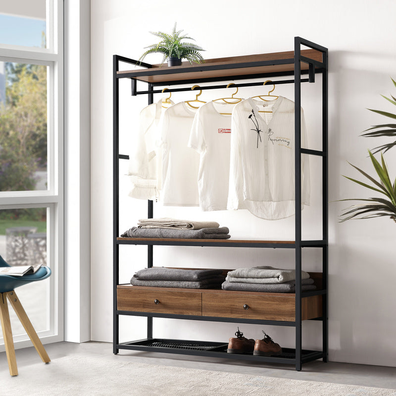 Garderobestand – Kledingrek – Kapstok – Schoenenrek – Opbergmeubel – Metalen Frame – Walnoot Look – 4 Planken – 2 Lades – 180x120x40 cm