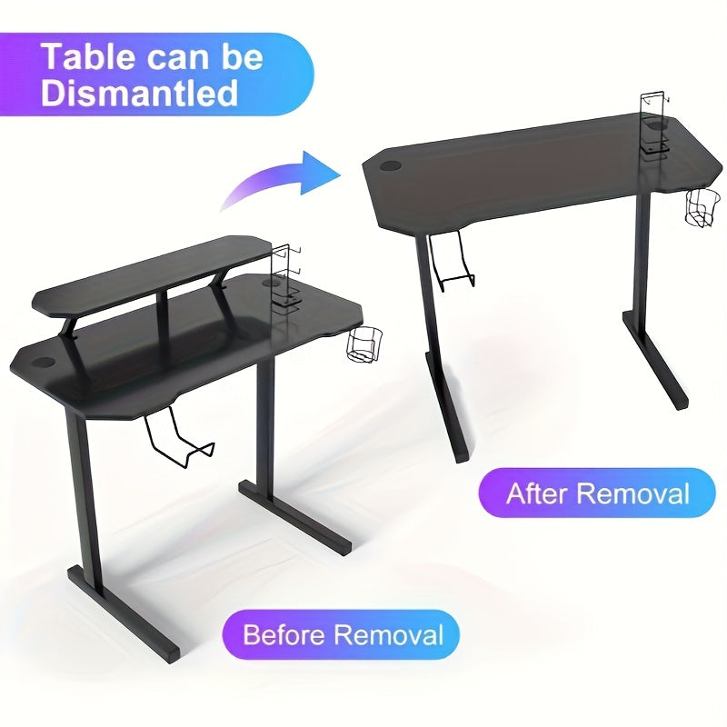 100x55x75cm Carbon Fiber Gaming Desk - Ergonomic Design with Dual Monitor Stand, Cup Holder & Headphone Hook, Multi-Platform Setup for PC, Laptop, Game & Office - Black Polished Metal, Ergonomic Office Desk, Sleek Workstation