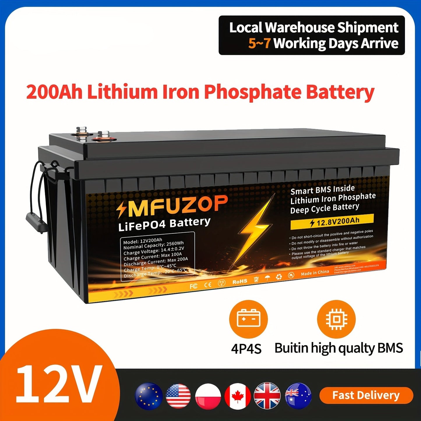 Lithium Accu – LiFePO4 Accu – Solar Accu – Camper Accu – Deep Cycle Accu – 12V 200Ah – 200A BMS Bescherming – Robuuste ABS Behuizing