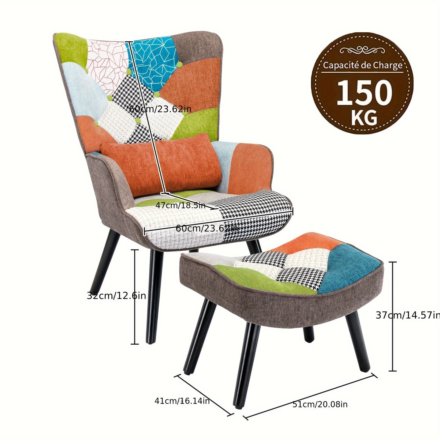 Lezenstoel – Fauteuil – Relaxstoel – Lounge Chair – Leesstoel – Hoog Rugleuning Design – Patchwork Stofmix Met Voetkruk