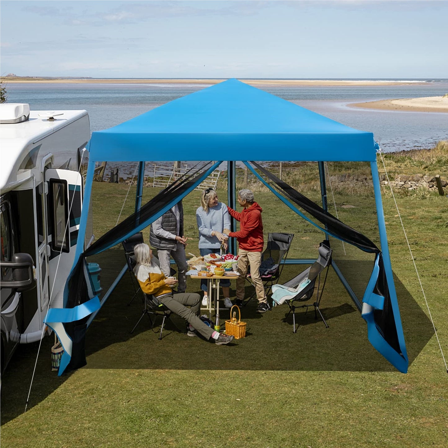 Pop-up Paviljoen – Tuinpaviljoen – Partytent – Overkapping – Pergola – Met Muggennet – UV Bescherming 50+ – 3x3 Meter – Inklapbaar – Met Zandzakken – Blauw