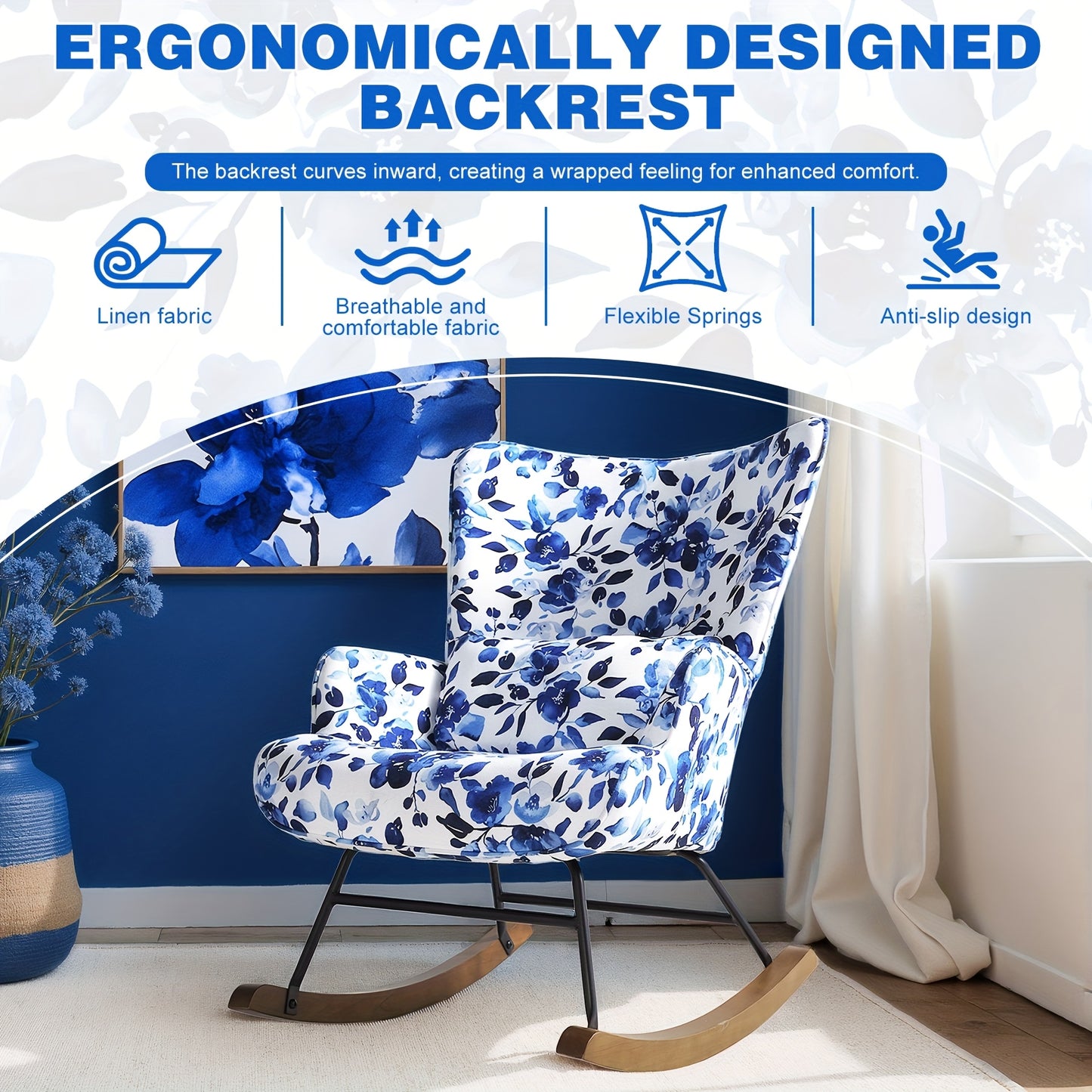 Schommelstoel – Relaxstoel – Fauteuil – Voedingsstoel – Loungestoel – Met Faux-Linnen Metalen Frame – Stevig Beukenhouten Onderstel – Zacht Kussen – Comfortabele Kinderstoel Blauw