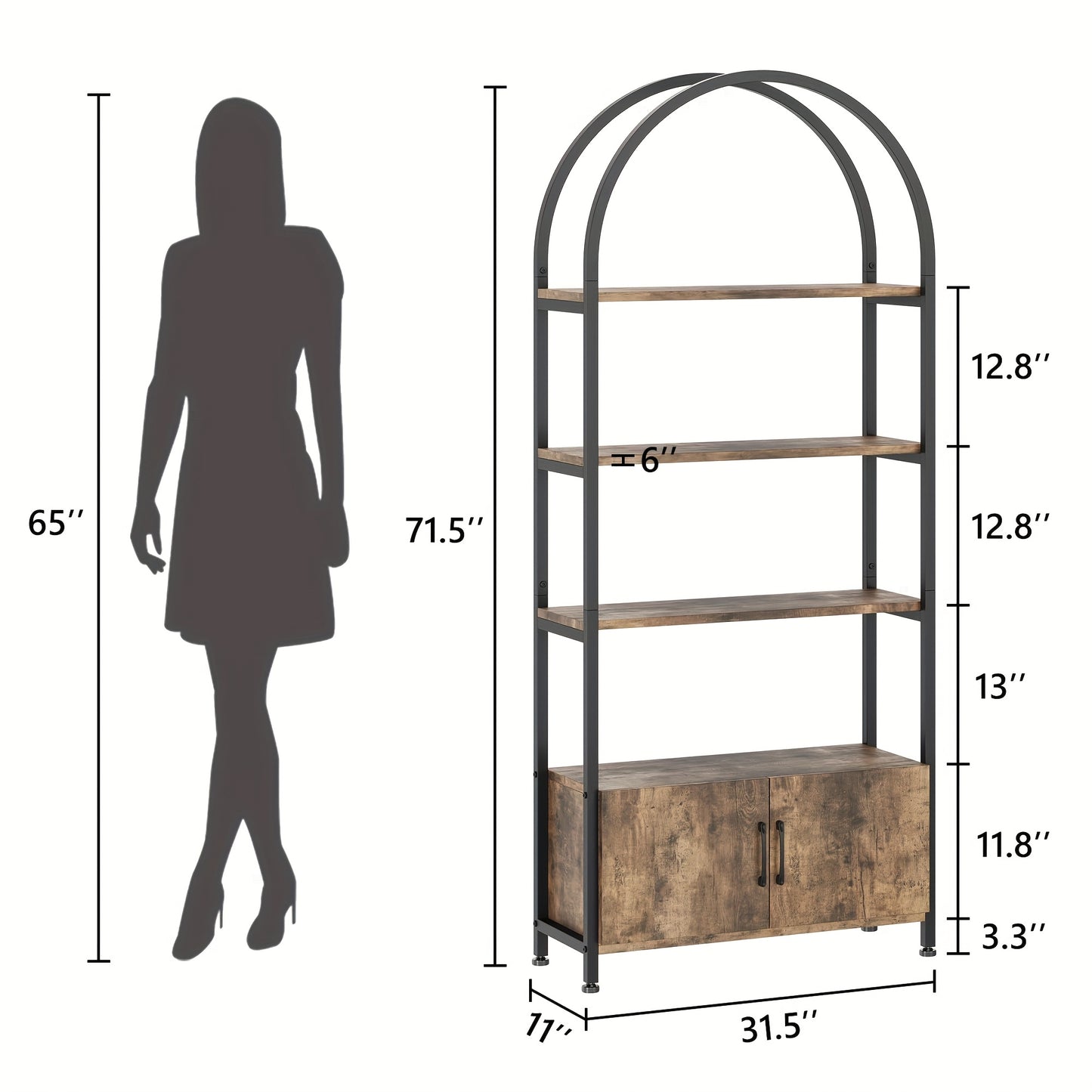 Boekenkast – Boekenrek – Opbergkast – Vakkenkast – Stellingkast – Industrieel Design – Met Metalen Frame & Witte Houtlook – 4-Lagens Met Deuren – Vrijstaand – 181 cm Hoog – Ruimtebesparend – Stevig & Duurzaam