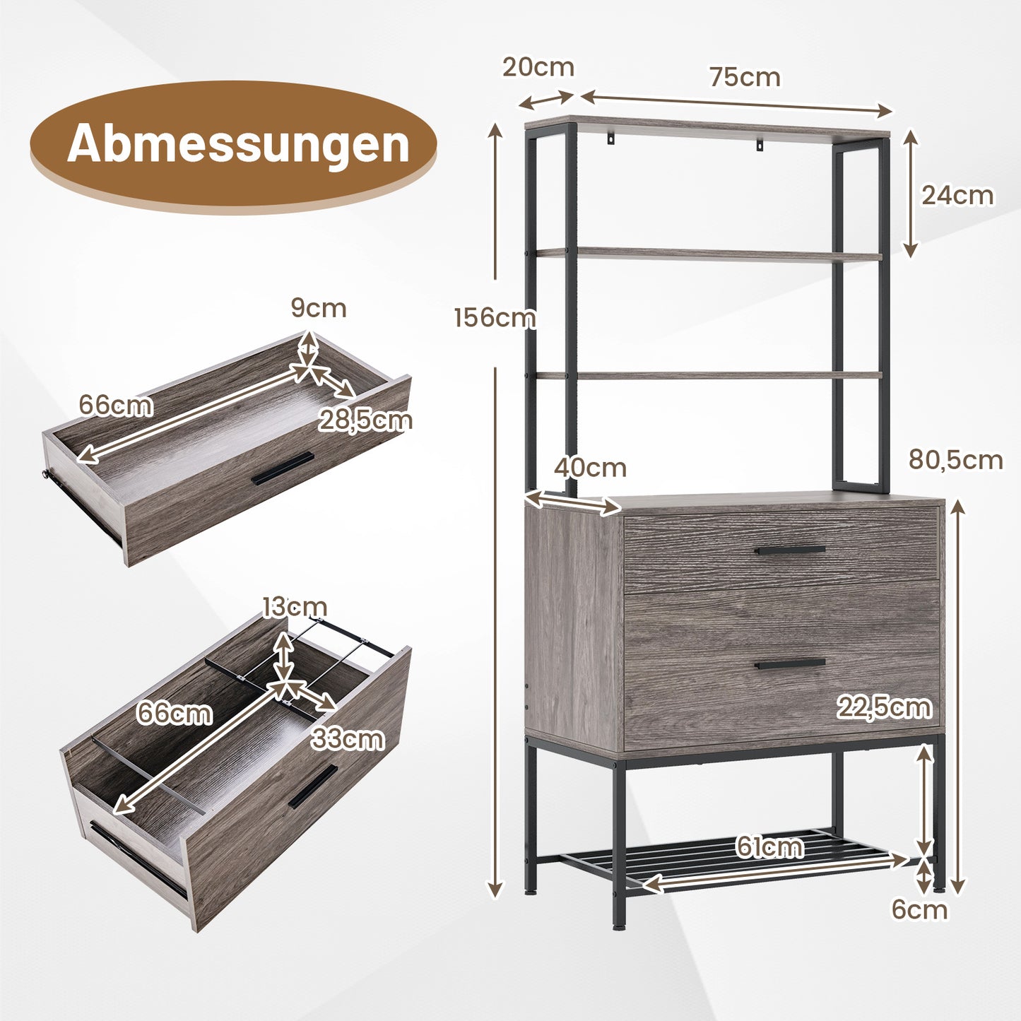 Kantoorkast – Archiefkast – Opbergkast – Boekenkast – Vakkenkast – Industrieel Design – 3 Open Planken & 2 Lades – MDF Met Metaal – 75x40x156 cm – Grijs