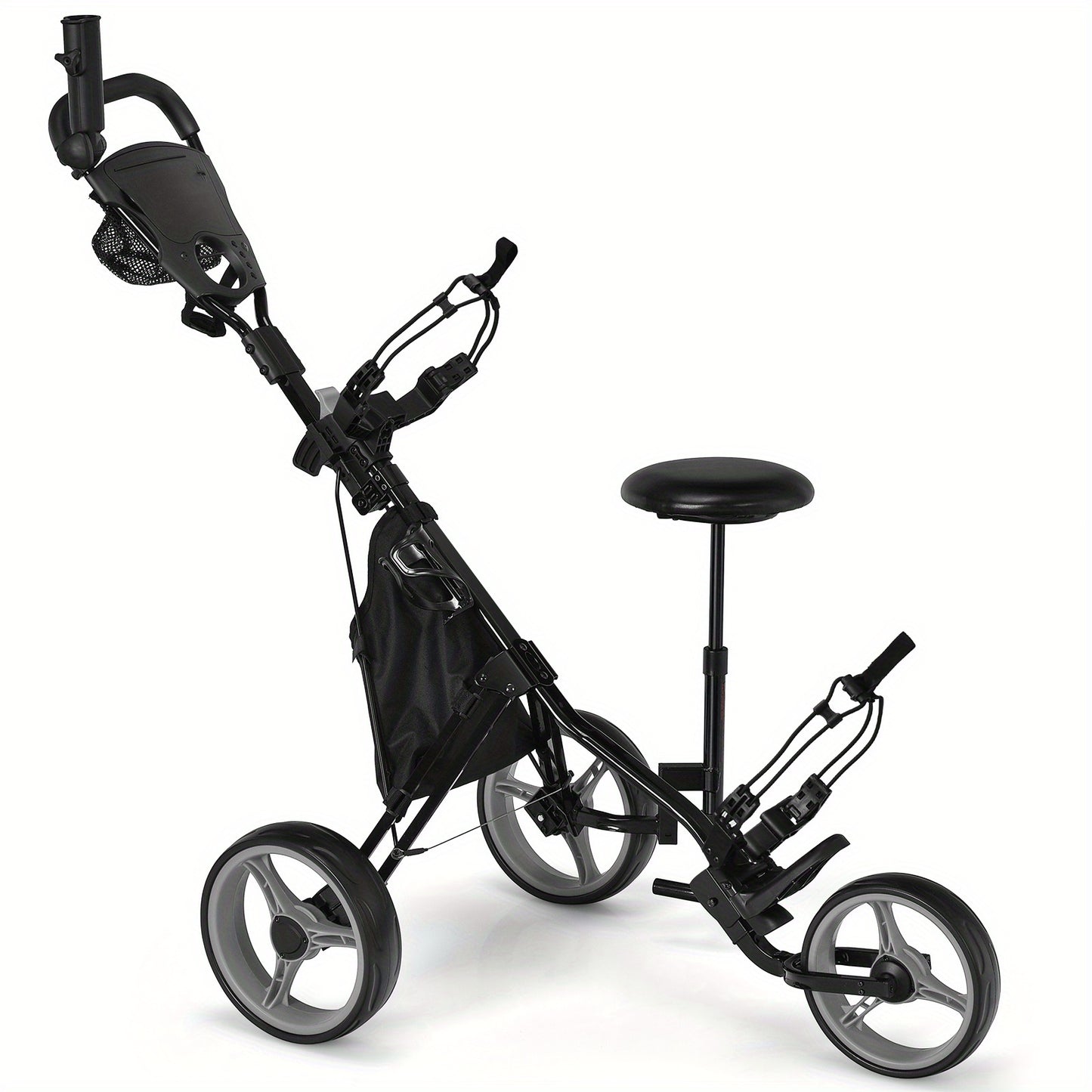 3-Wiel Golf Trolley – Golf Pushcart – Golfkar – Golfwagen – Golf Buggy – Verstelbare Zitting & Handgreep – Lichtgewicht PP Materiaal – Grijs
