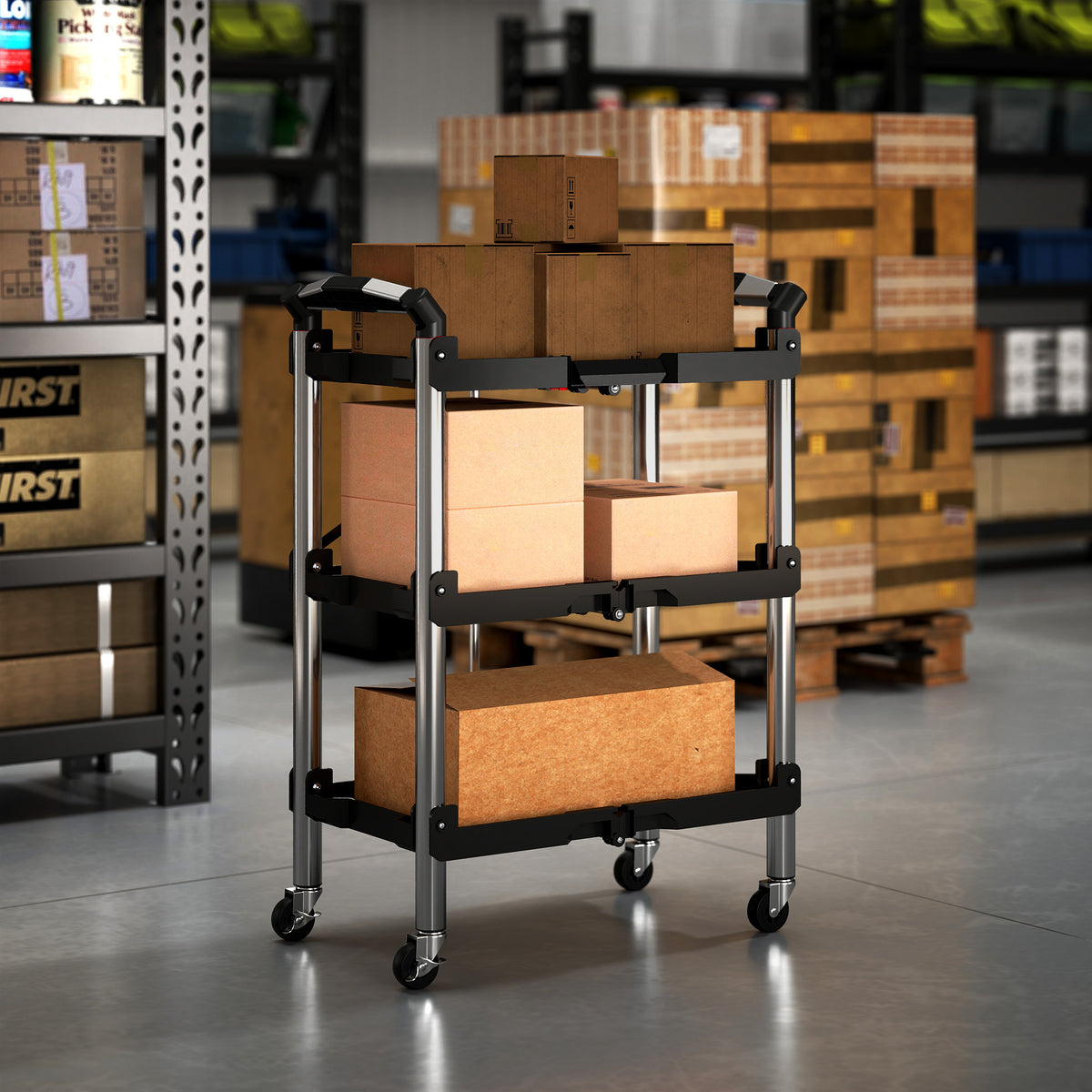 Gereedschapswagen – Werkplaatswagen – Trolley – Gereedschapstrolley – Opvouwbare kar – 3 Lagen Opbergruimte – Duurzaam Kunststof en Staal – Zwart