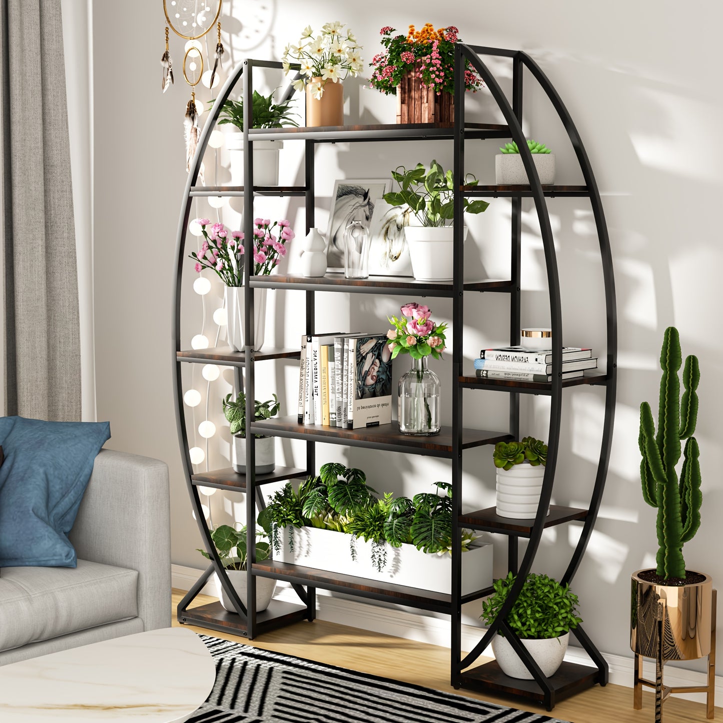 Plantentrap – Plantenrek – Ladderkast – Etagère – Stellingkast – 5-laags Metaal – Vrijstaand Zwart Frame – Witte Stoffen Bakken