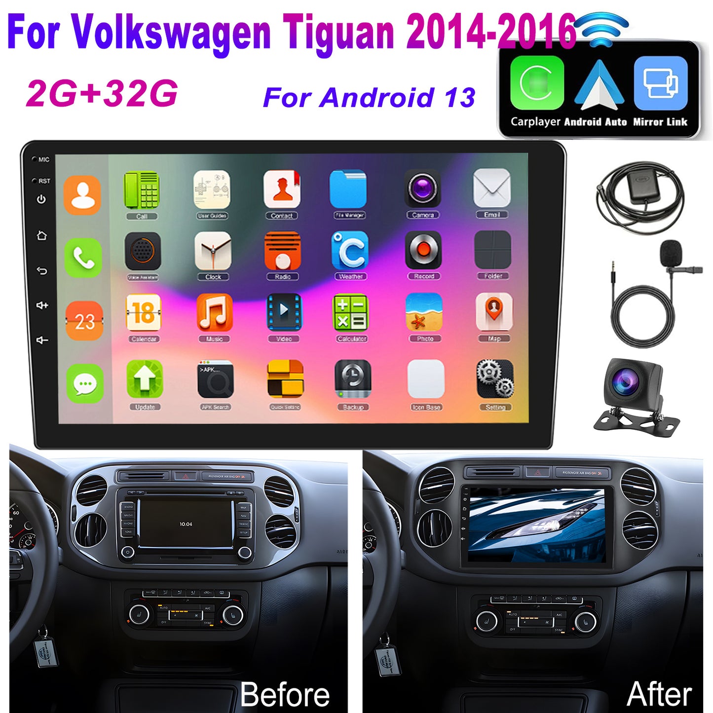 Autoradio Tiguan – Multimedia Unit – Android Head Unit – Navigatiesysteem – Achteruitrijcamera – 9 Inch Scherm – Draadloos CarPlay & Android Auto