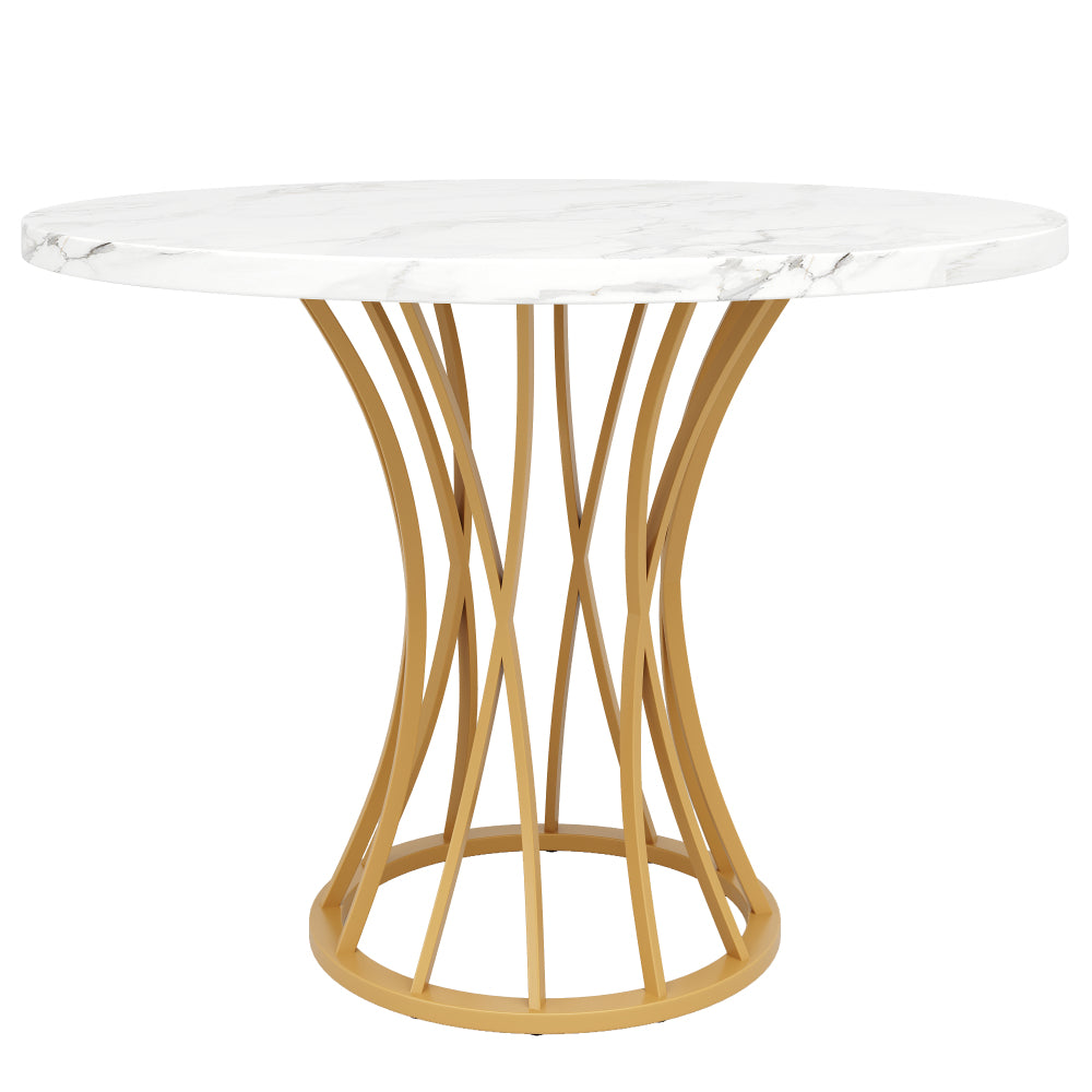 Eettafel – Ronde Tafel – Eetkamertafel – Keukentafel – Tafeltje – Marmerlook Blad – Gouden Glanzende Poot – 80x80x76 cm – Geschikt voor 4-6 Personen