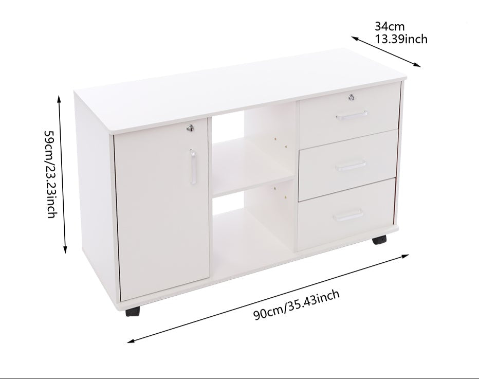 Archiefkast – Ladekast – Kantoorkast – Opbergkast – Dossierkast – Mobiele kast met slot – 5 wielen met rem – 90x34x59 cm – Aluminium frame wit
