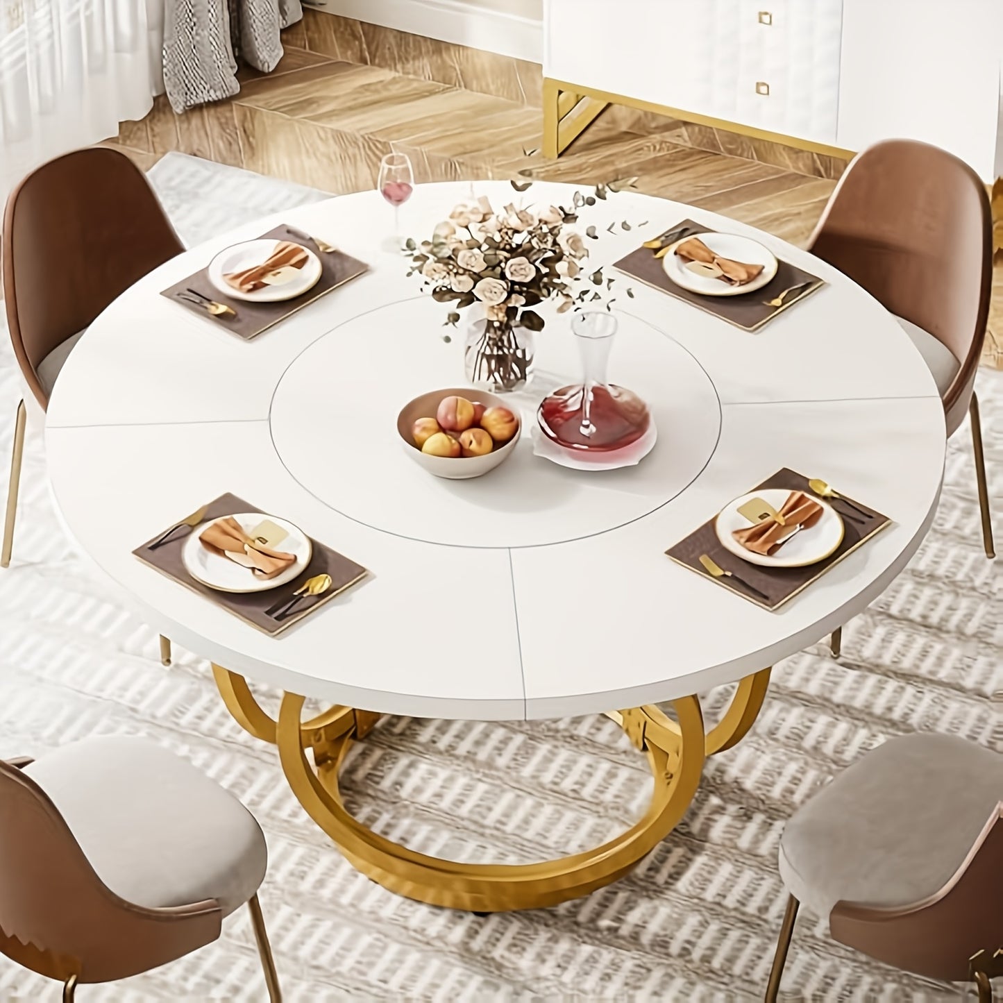 Ronde Tafel – Eettafel – Keukentafel – Koffietafel – Bistrotafel – Wit Kunstmarmerblad – Gouden Metalen Onderstel – 120 cm Diameter – Modern Design