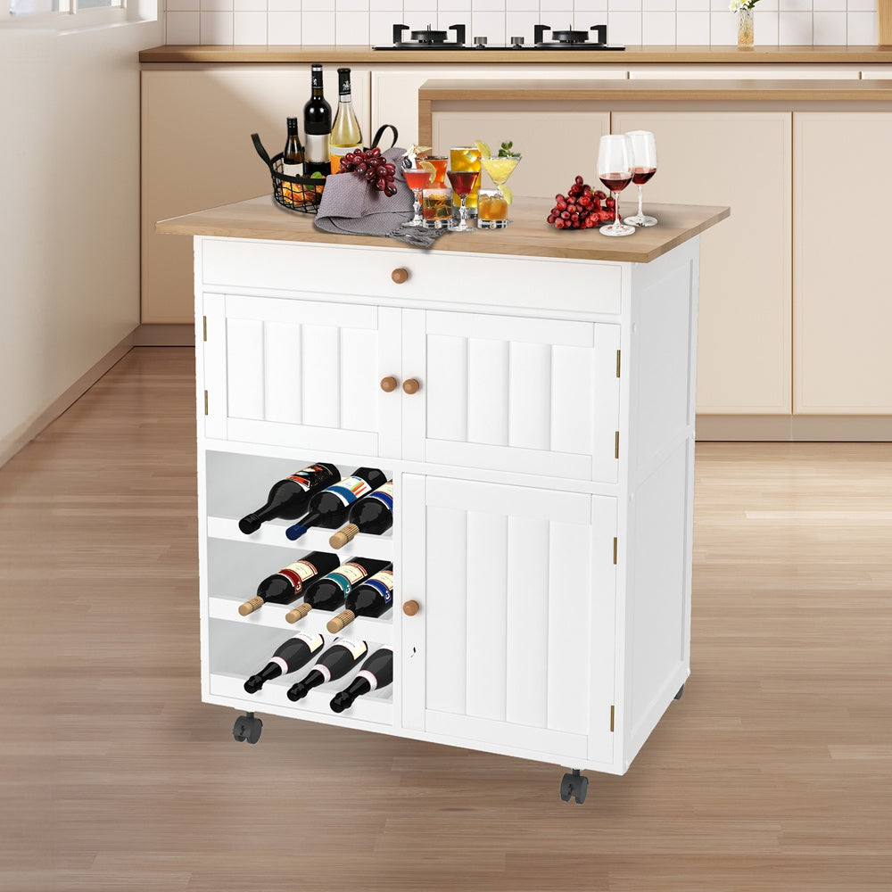 Keukeneilandwagen – Keukentrolley – Serveerwagen – Keukenkast – Keukenwagen op Wieltjes – Wit MDF – Ruim Werkblad 68x39x85 cm