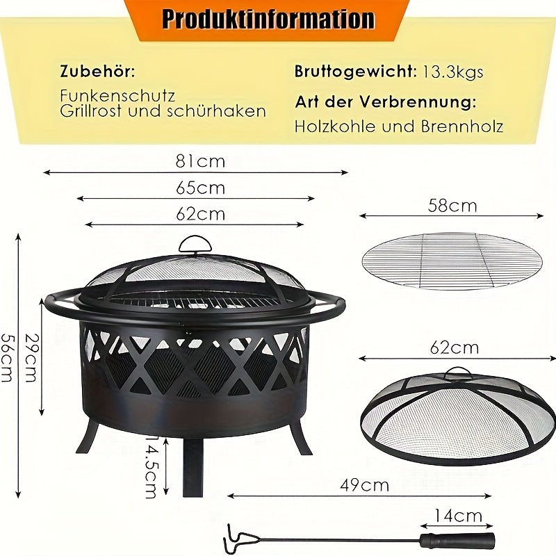 Vuurschaal – Vuurkorf – Tuinhaard – Terrasverwarmer – Vuurpot – Ø81 cm – Met Grillrooster & Vonkenvanger – Robuust Staal Met 4 Poten