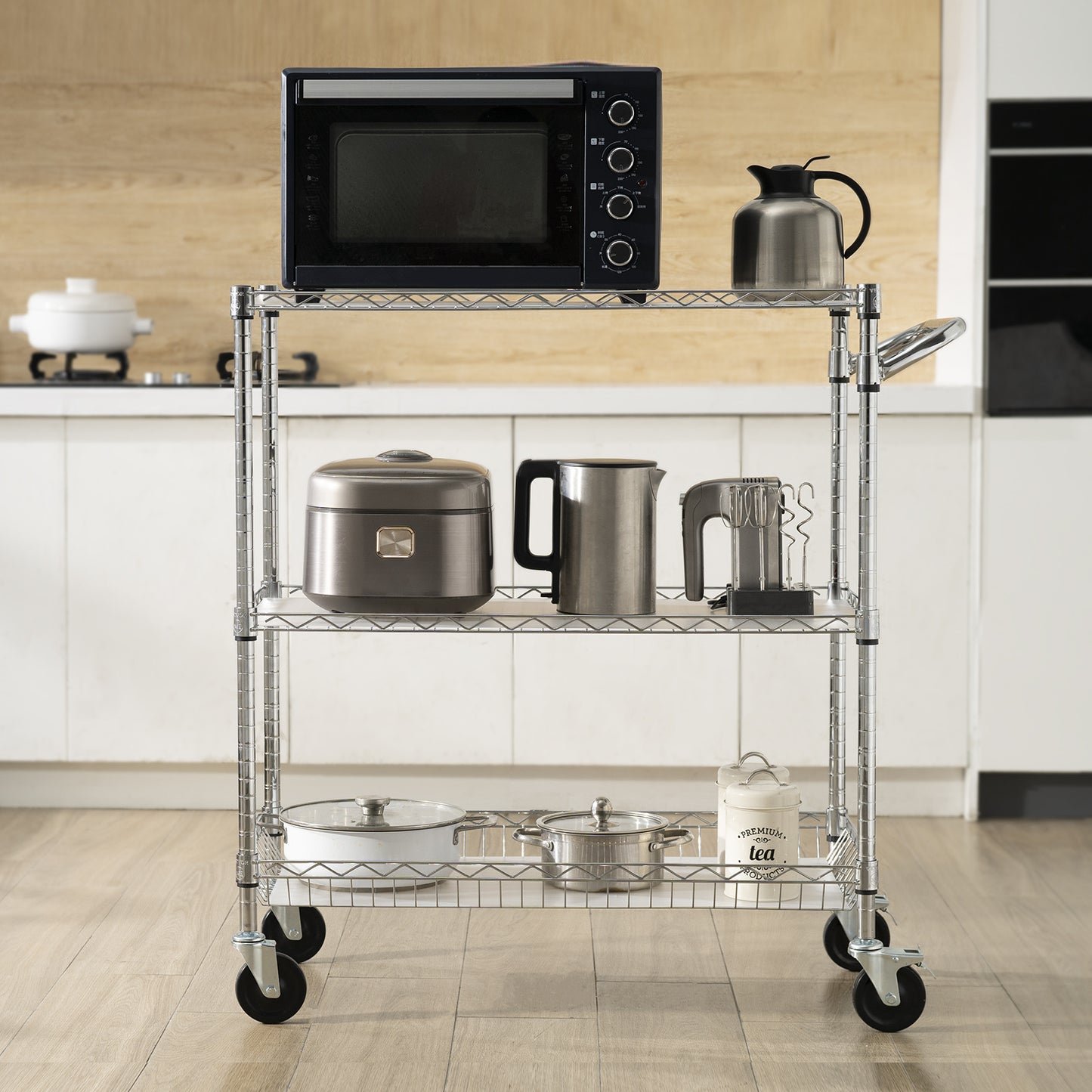 Keukentrolley – Serveerwagen – Opbergwagen – Keukenwagen – Rolwagen – 3 Lagen Carbonstaal – 300 kg Draagkracht – 76x46x82 cm