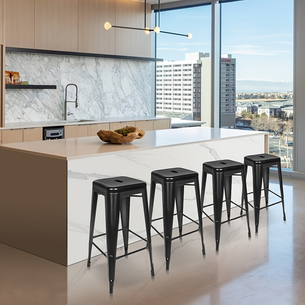 4pcs Heavy Duty Metal Bar Stools With Footrests, Stackable Kitchen Chairs, Height 76cm, Industrial Style Island Stools