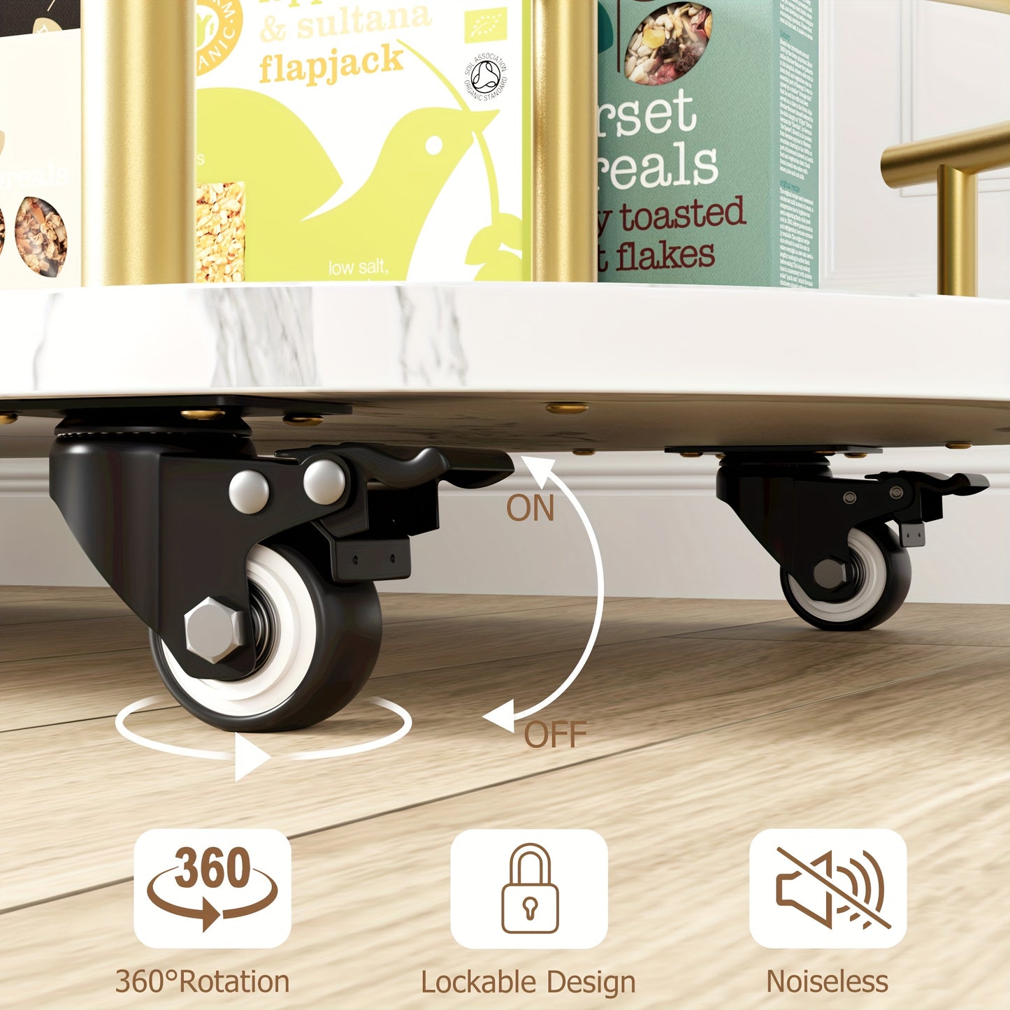 Serveerwagen – Keukentrolley – Barwagen – Roltafel – Opbergwagen – Goud Metalen Frame – 2 Lagen Houten Planken