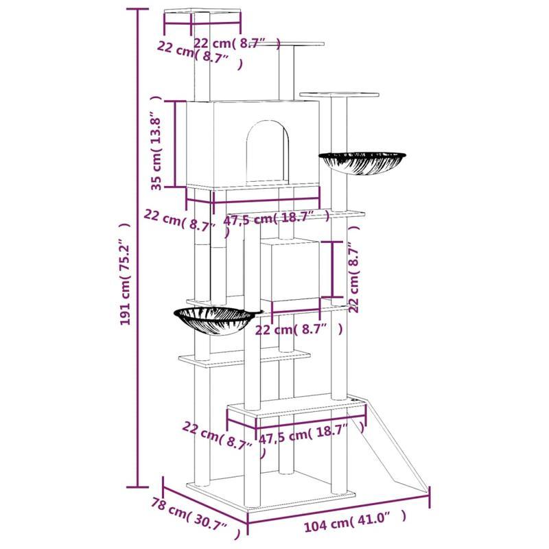 Light Gray Sisal Scratching Post Cat Furniture, 191cm Hardwood Construction, Kattenmeubel