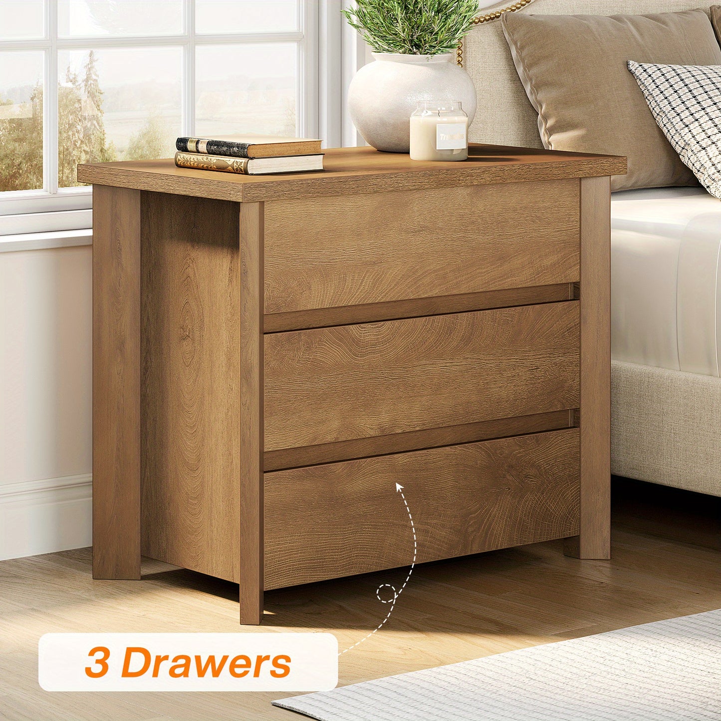 Rustieke Nachtkast – Bedside Table – Nachtkastje – Opbergkastje – Slaapkamerkast – 3 Lades – Duurzaam Geëngineerd Hout – Compact Ontwerp 68,5 cm