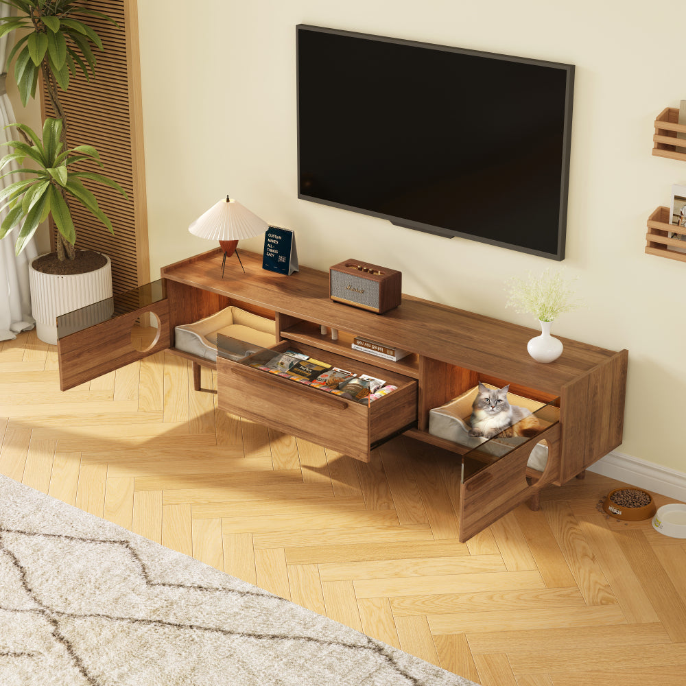 Modern TV Cabinet with Cat Lounge and One Drawer (Cat Cushion Not Included), Brown, 180×40×50cm, Ideal for Living Rooms, Bedrooms, and Relaxation Areas