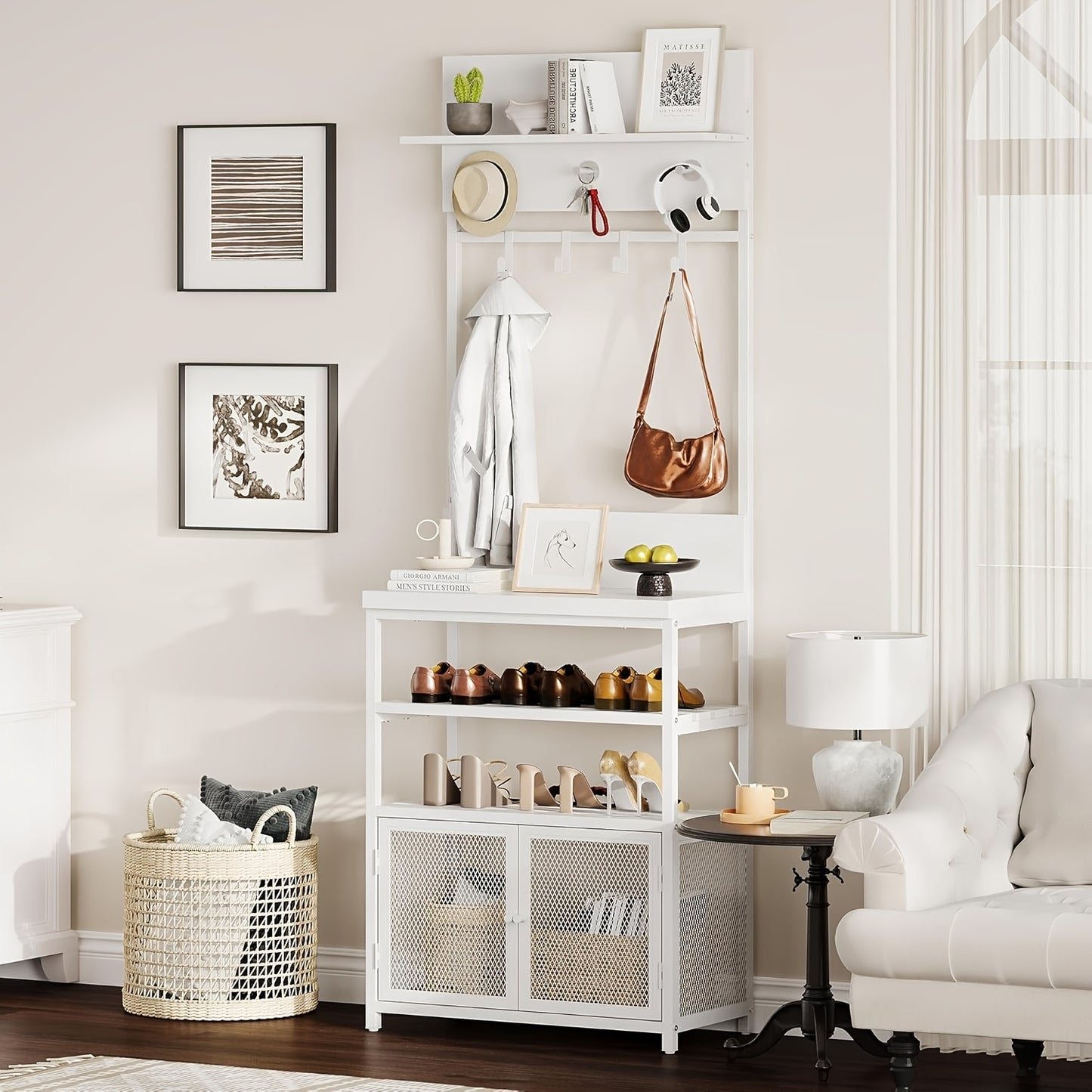 Kapstok – Jashaak – Schoenenrek – Garderoberek – Entree Organizer – Wit – Smal Design – 7 Haken – 3 Laags Schoenenrek – Hoogwaardige MDF & Metaal
